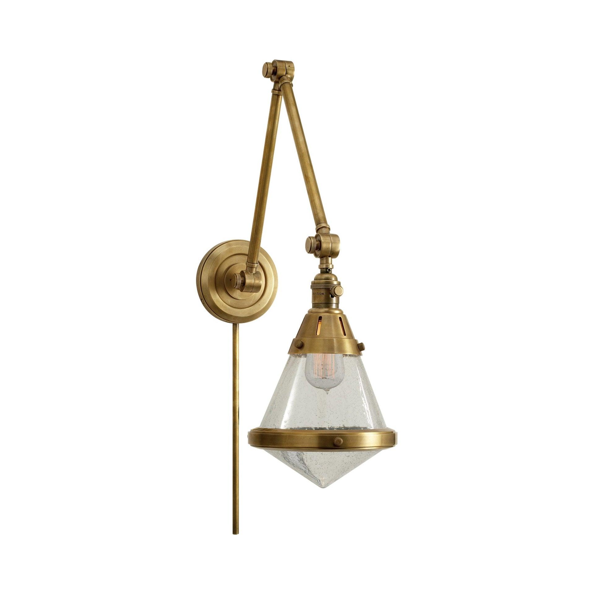 Elegant Antique Brass Swing Arm Wall Light with Seeded Glass Shade