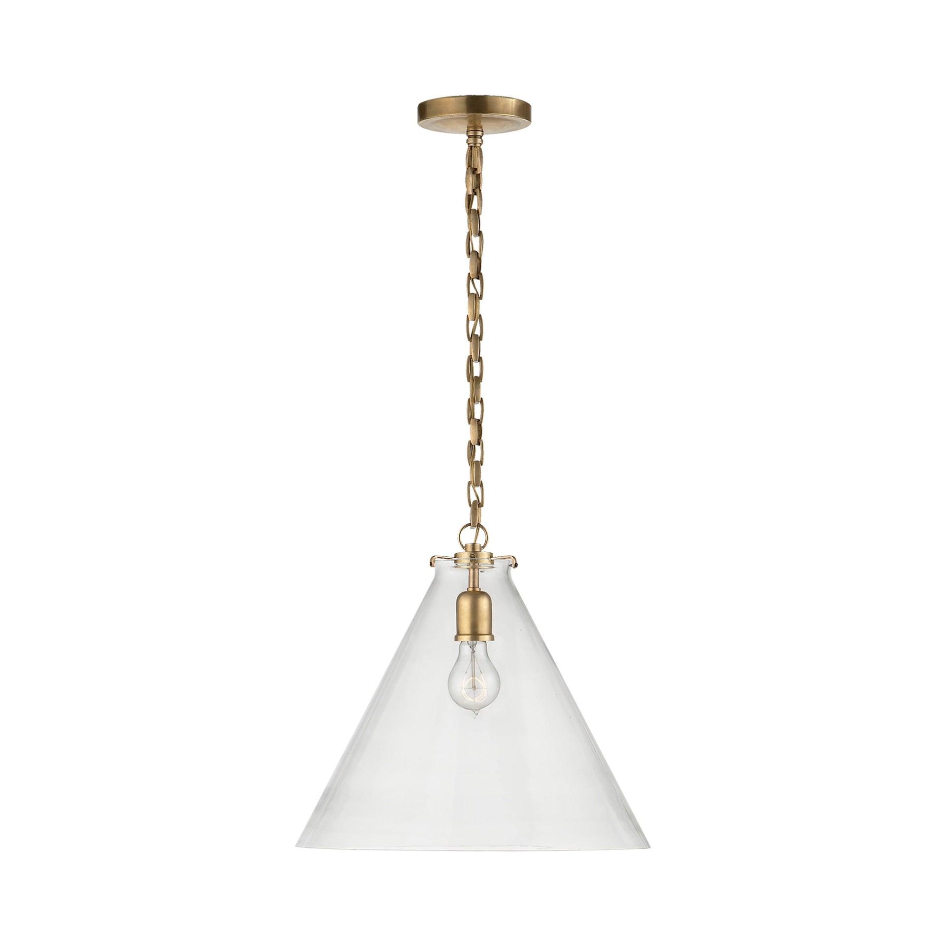 Antique Brass and Clear Glass Conical Pendant Light