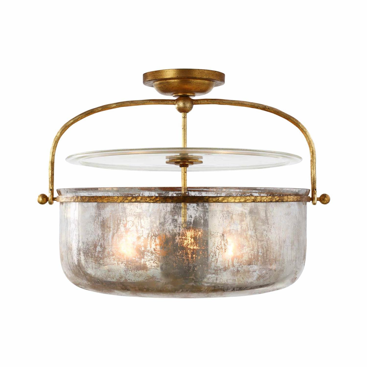 Gilded Iron and Mercury Glass Drum Ceiling Light