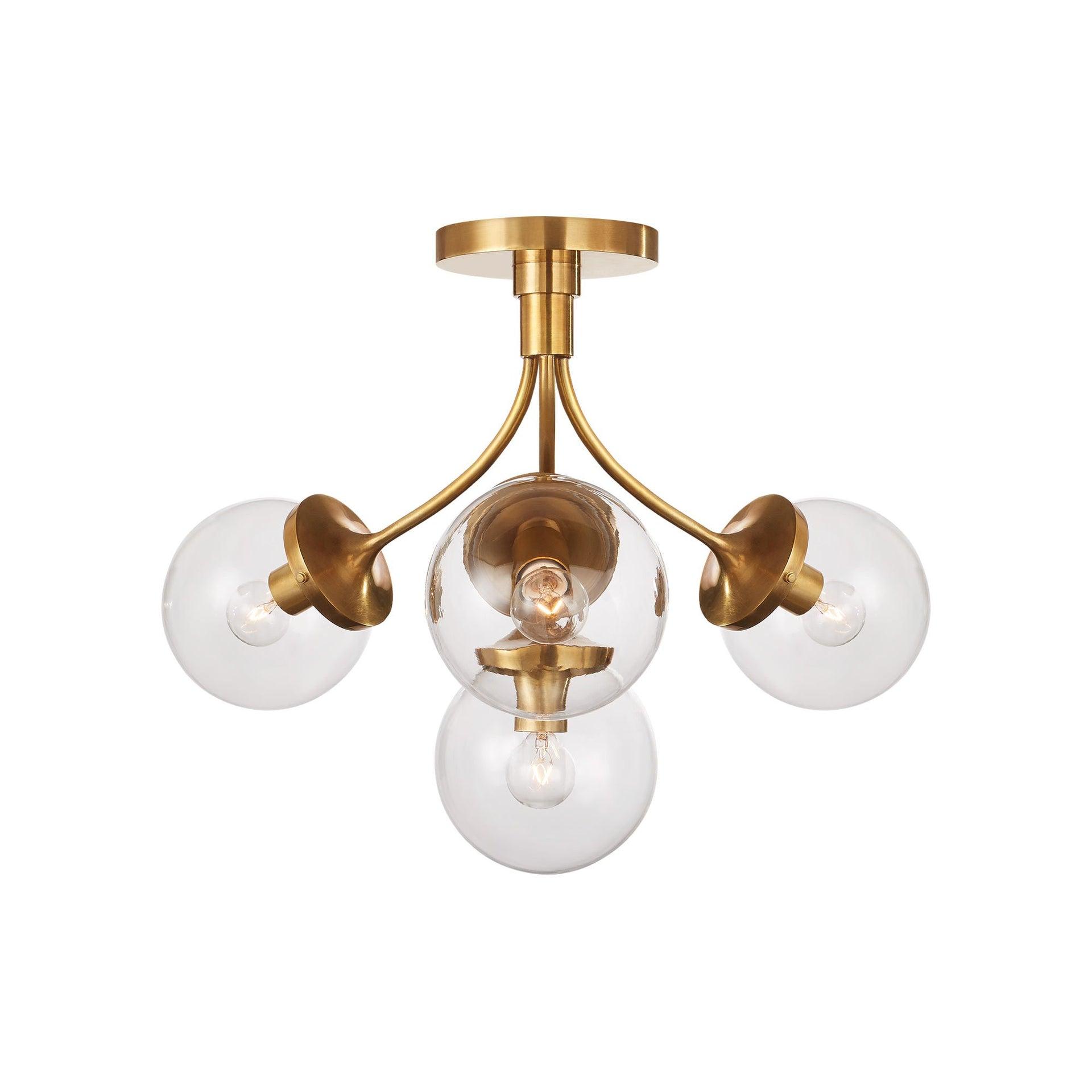 Prescott Soft Brass and Clear Glass Globe Semi Flush Mount Light
