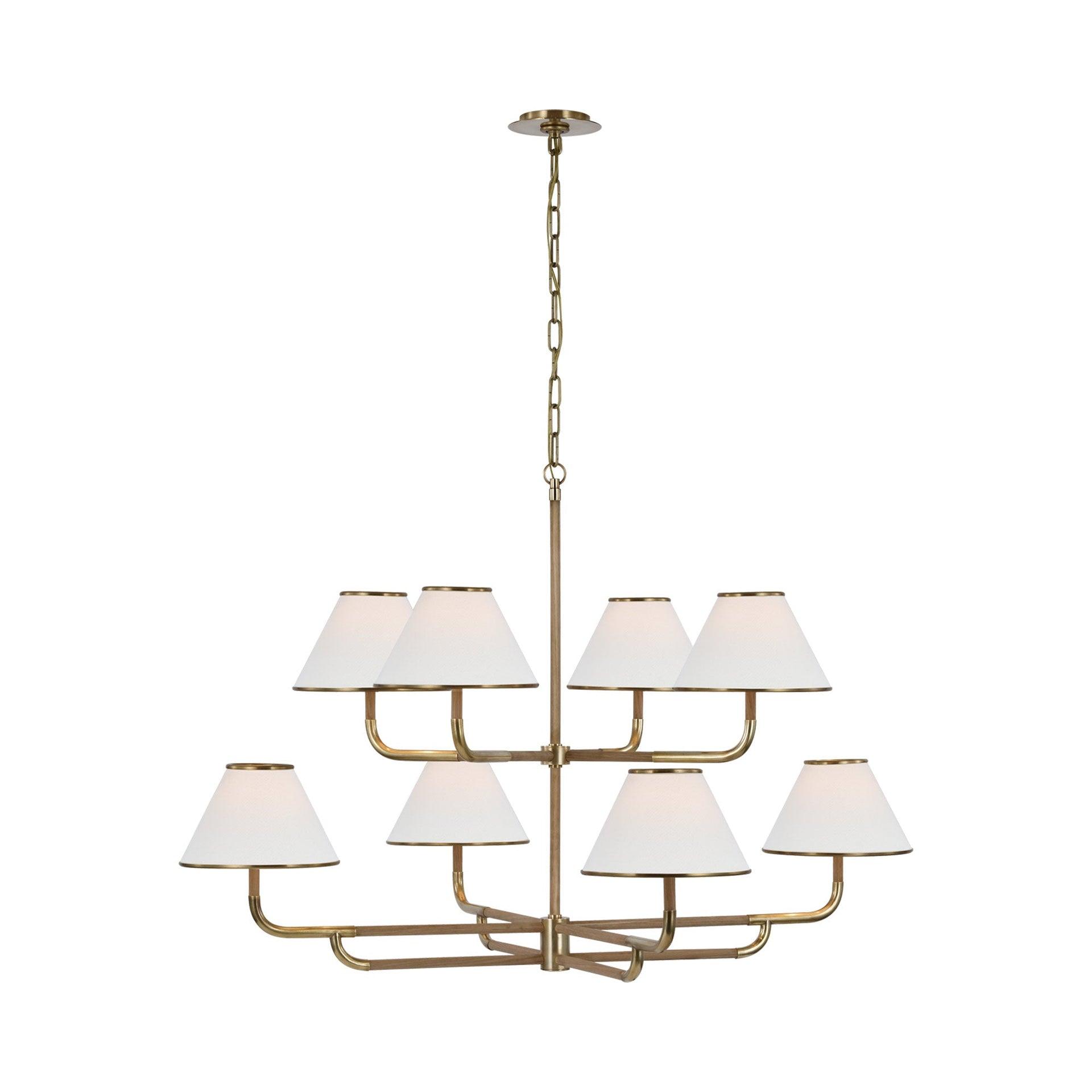 Soft Brass and Natural Oak Two-Tier Chandelier