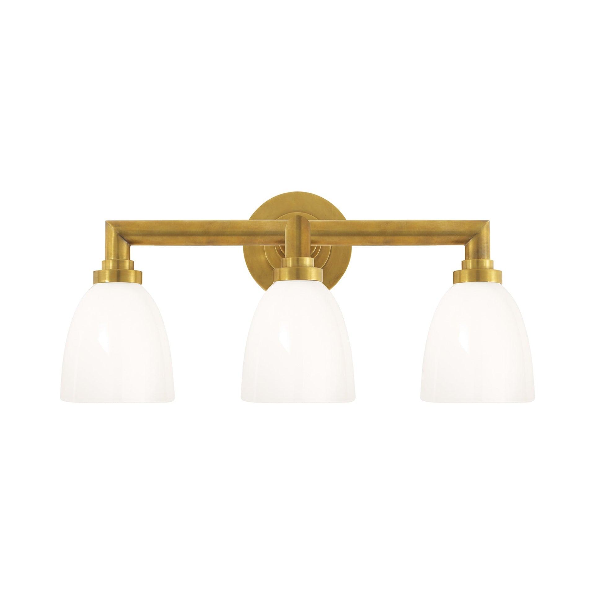 Wilton Antique Brass 3-Light Vanity with White Glass Shades