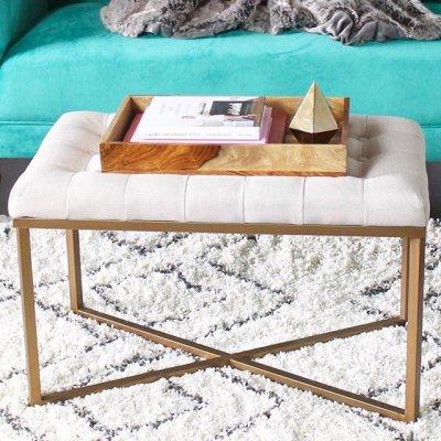 Rectangle Ottoman: Gold Metal X Base & Padded Seat for Family Room - HomePop