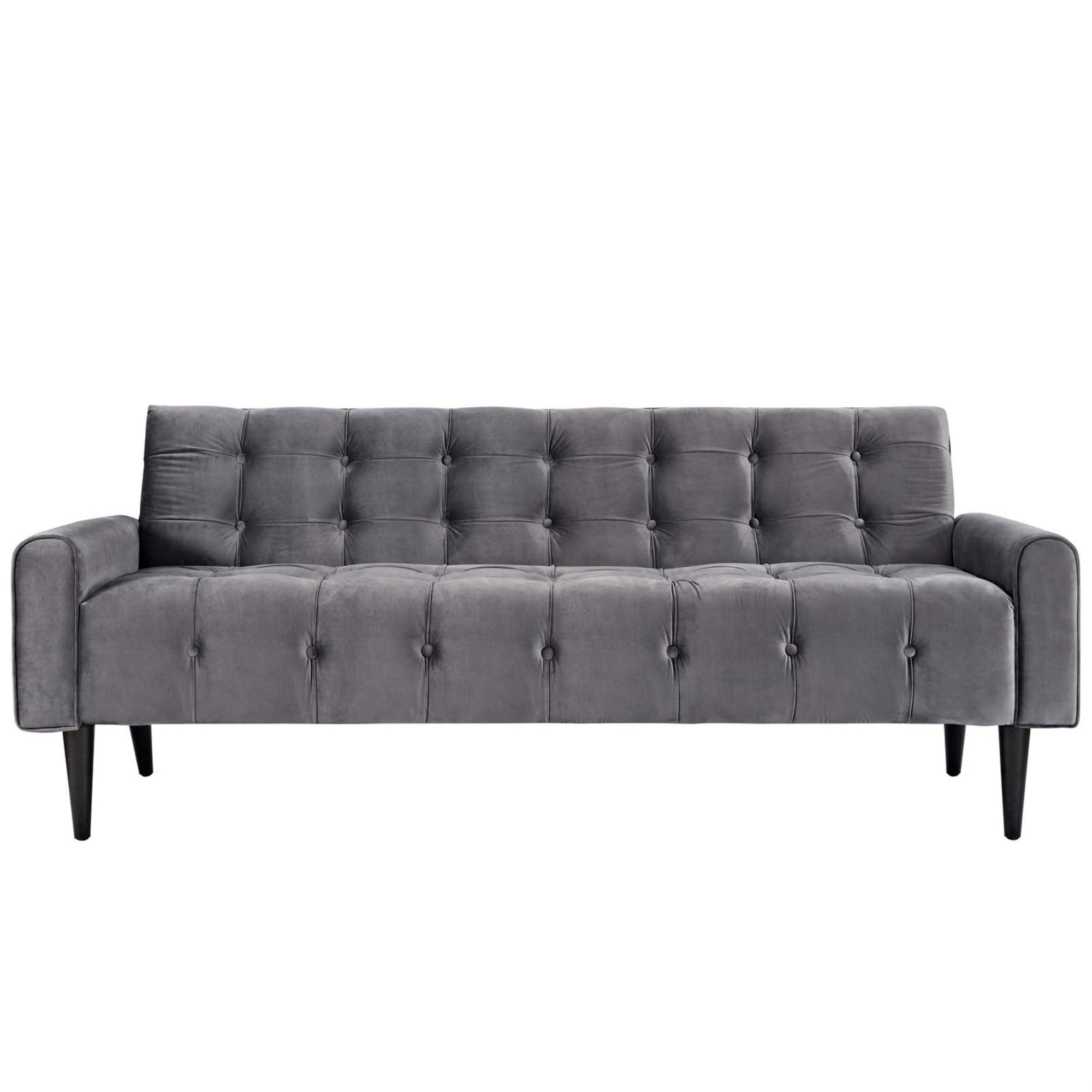 Elegant Gray Tufted Velvet Sofa with Solid Wood Legs