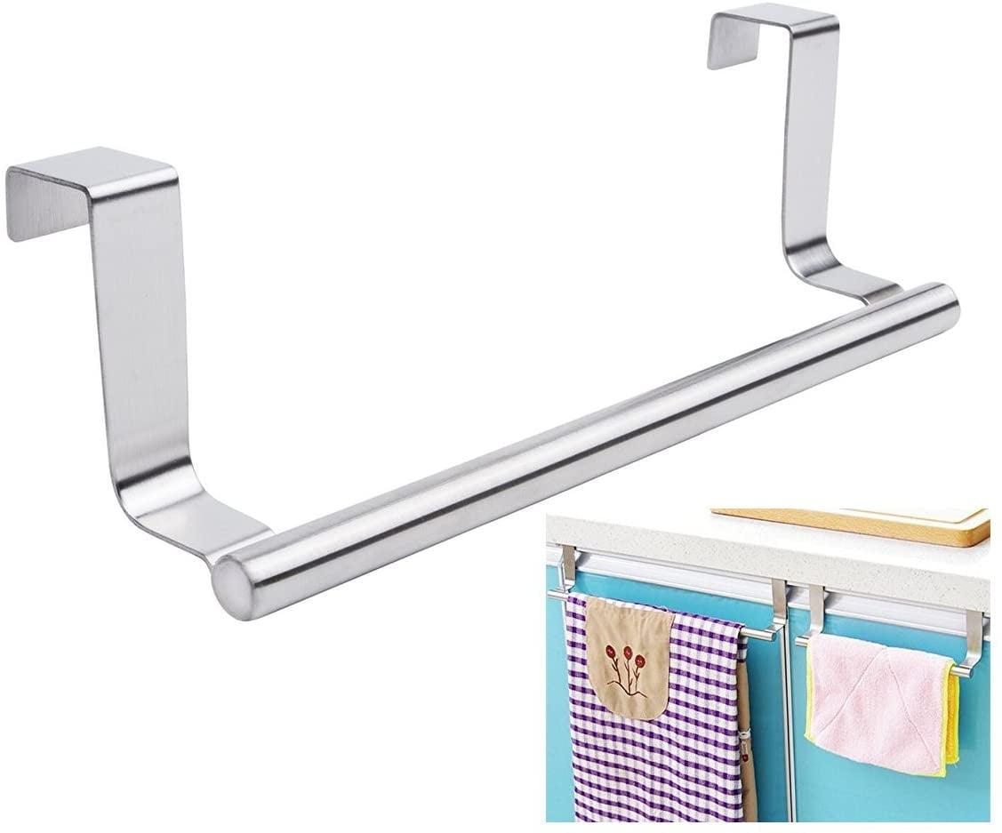 9-Inch Brushed Stainless Steel Over the Door Towel Bar with Hooks