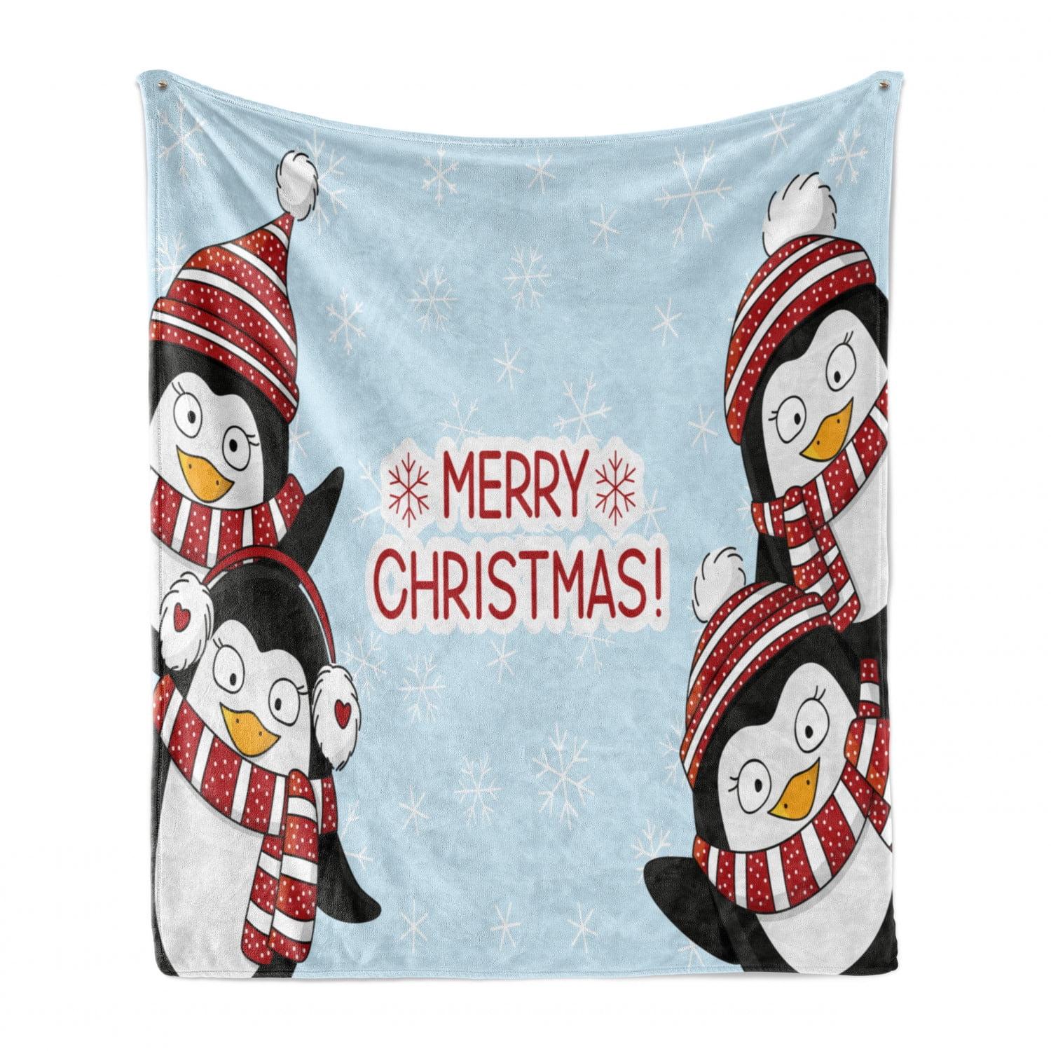 Ambesonne Christmas Fleece Throw Blanket Penguins  Blue Red