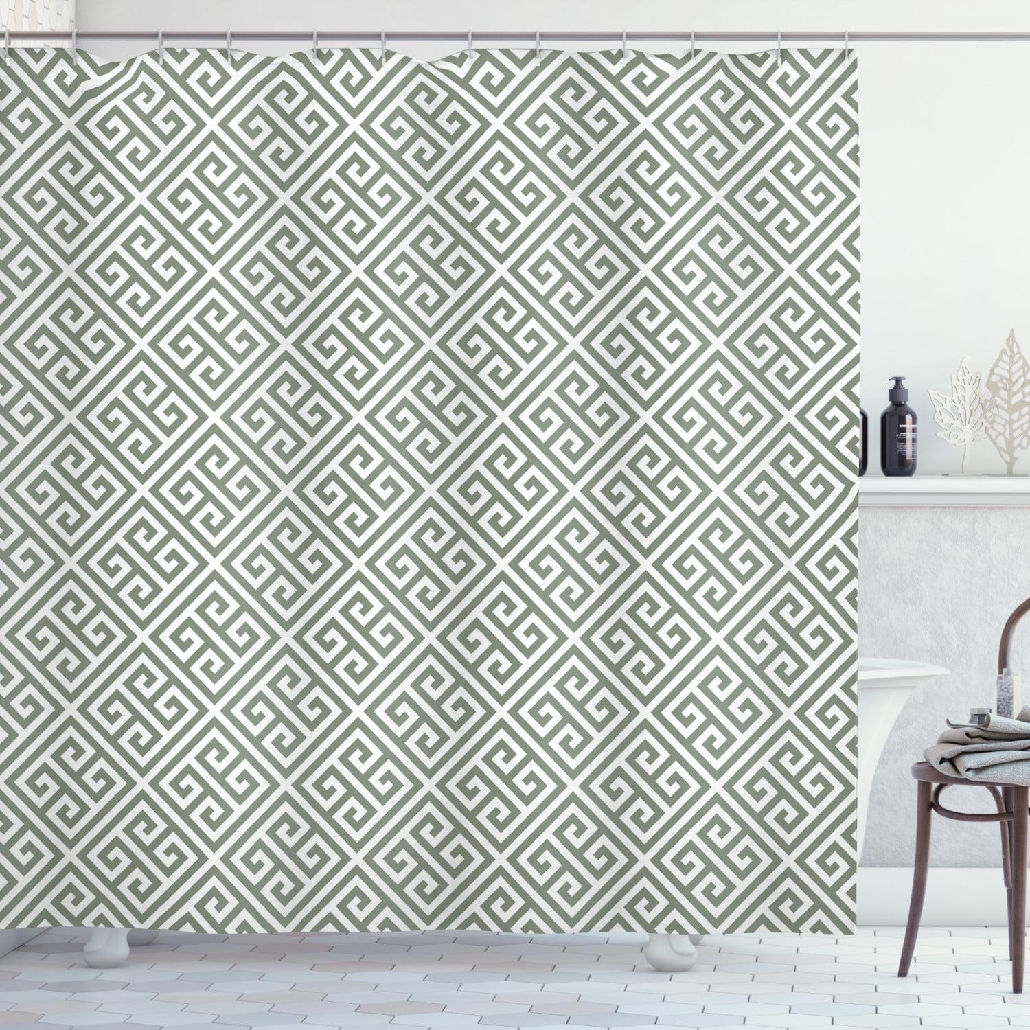 Sage Green and White Geometric Fabric Shower Curtain