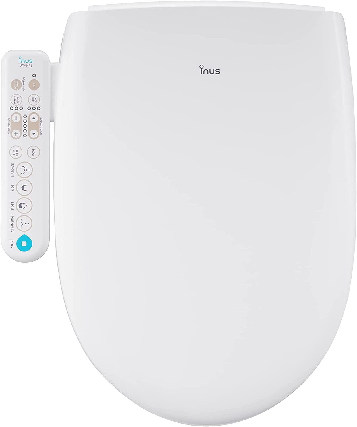 Inus White Elongated Heated Bidet Toilet Seat with Stainless Steel Nozzle