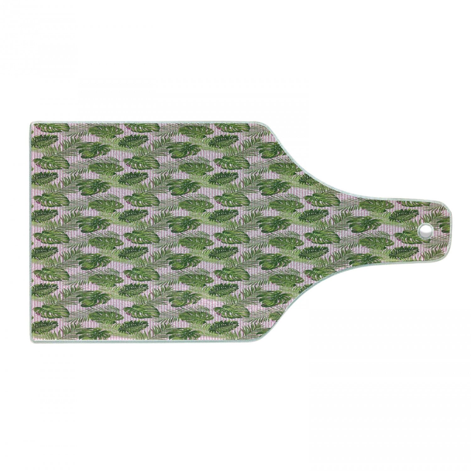 Ambesonne Tropical Tempered Glass Cutting Board Monstera Palm Leaf Stripes Pale Pink Fern Green