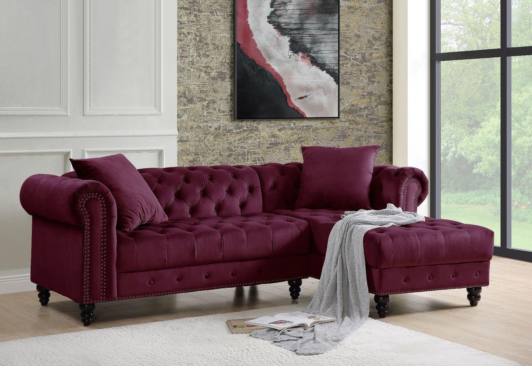 Red Velvet Tufted Two-Piece Sectional Sofa with Nailhead Trim