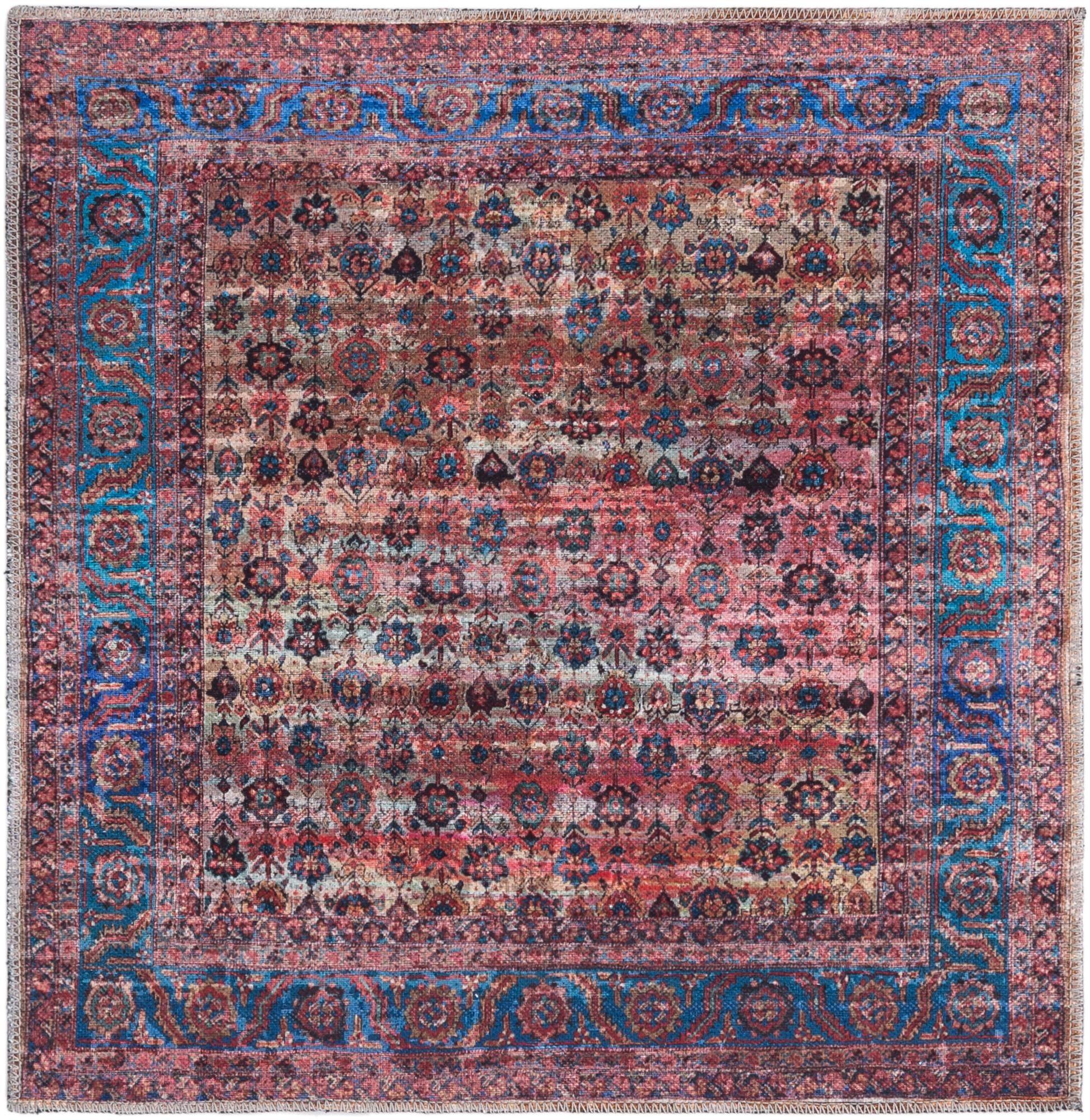 Maahru Antique Pink and Blue Washable Synthetic Square Rug