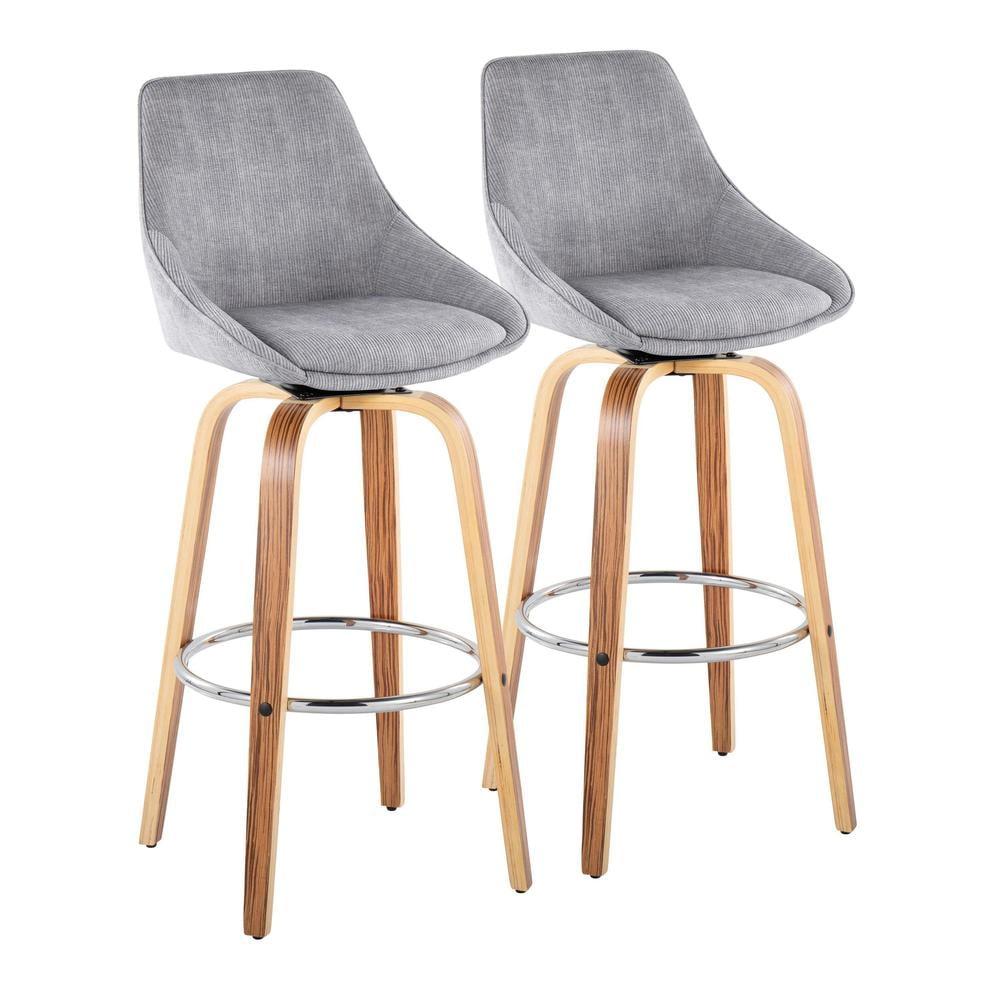 Grey Velvet Swivel Barstools with Wood and Metal Legs, Set of 2