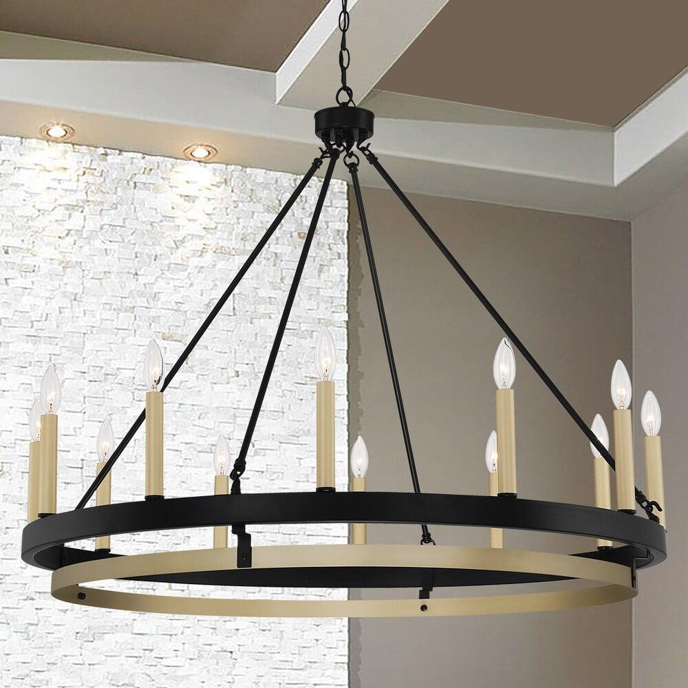 Elegant Black and Gold 12-Light Wagon Wheel Candle Chandelier