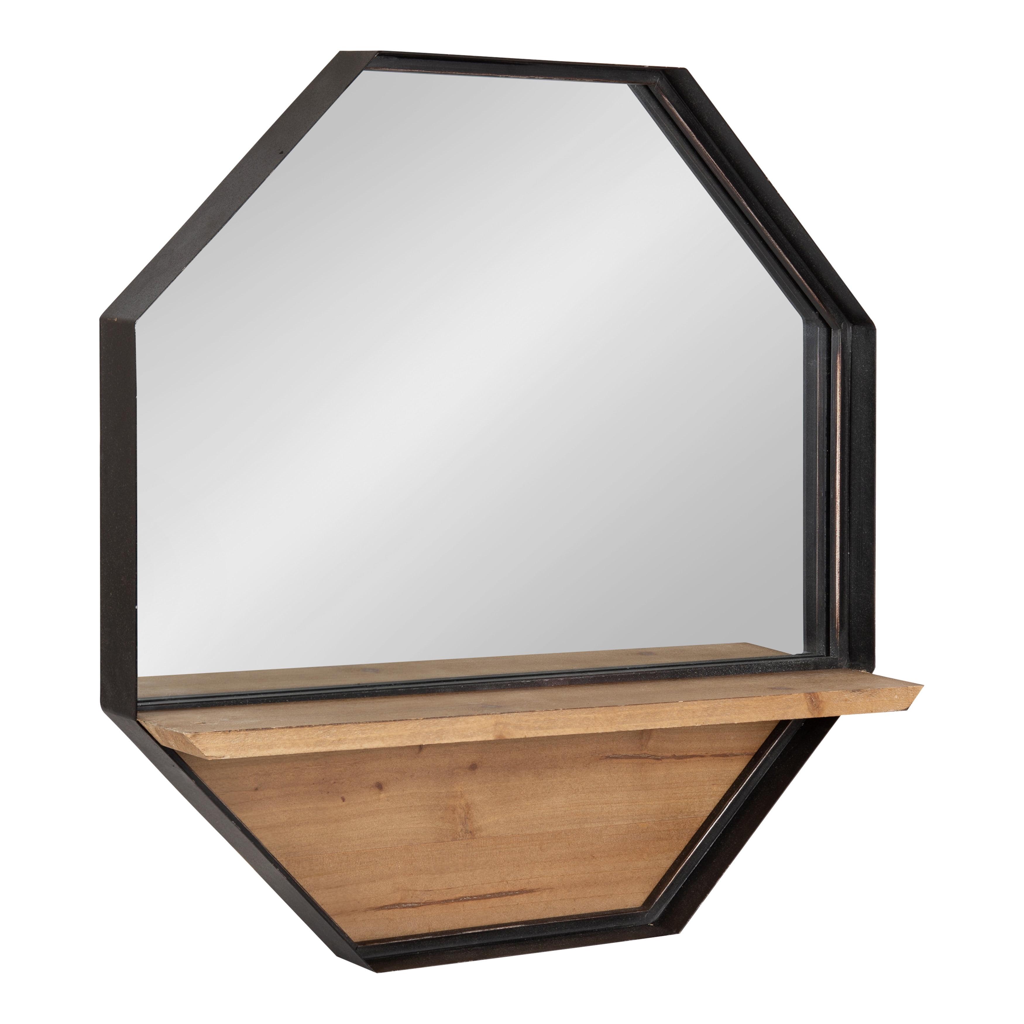 Octagon Black Metal Wall Mirror with Wood Shelf