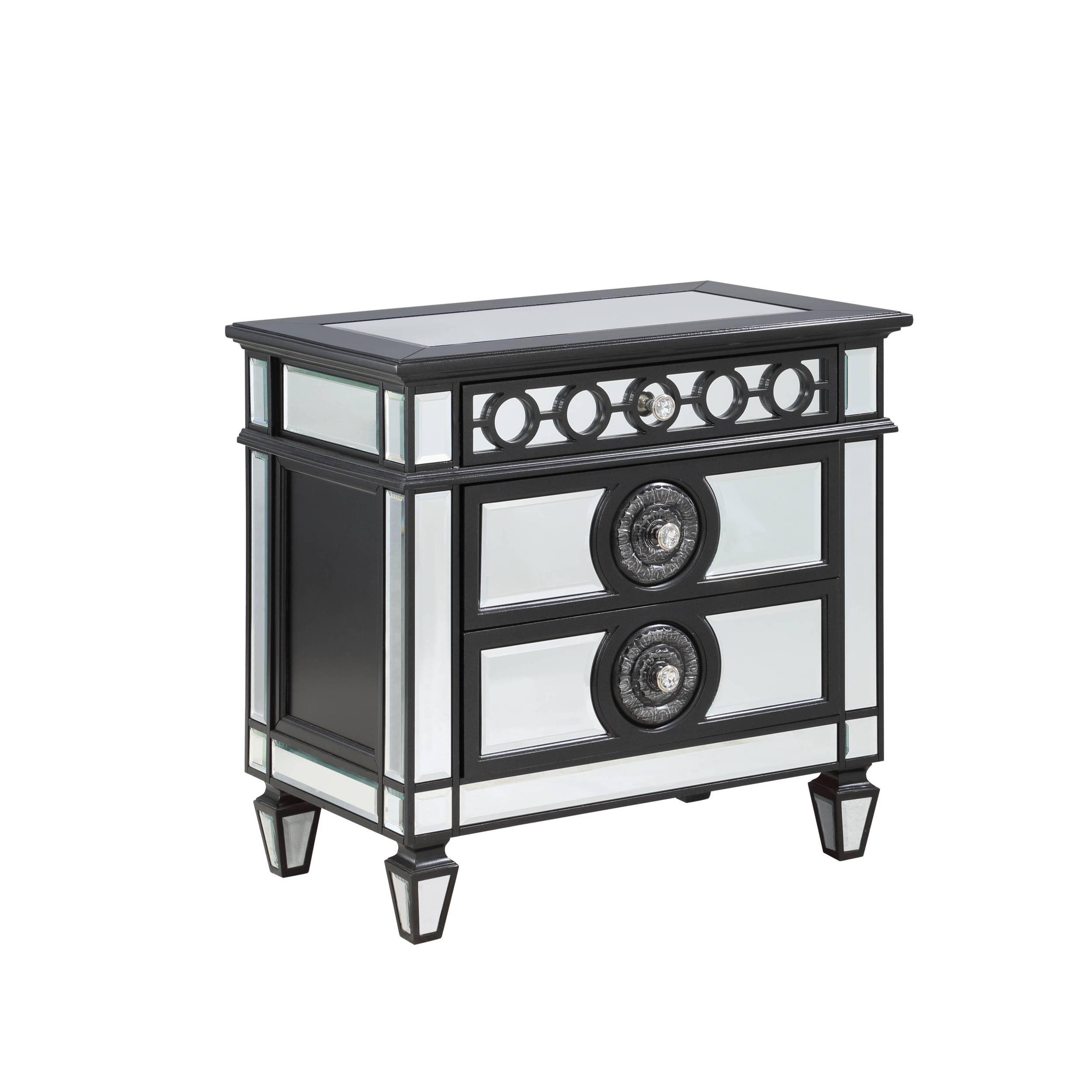 Elegant Black and Silver 3-Drawer Nightstand with Crystal Knobs