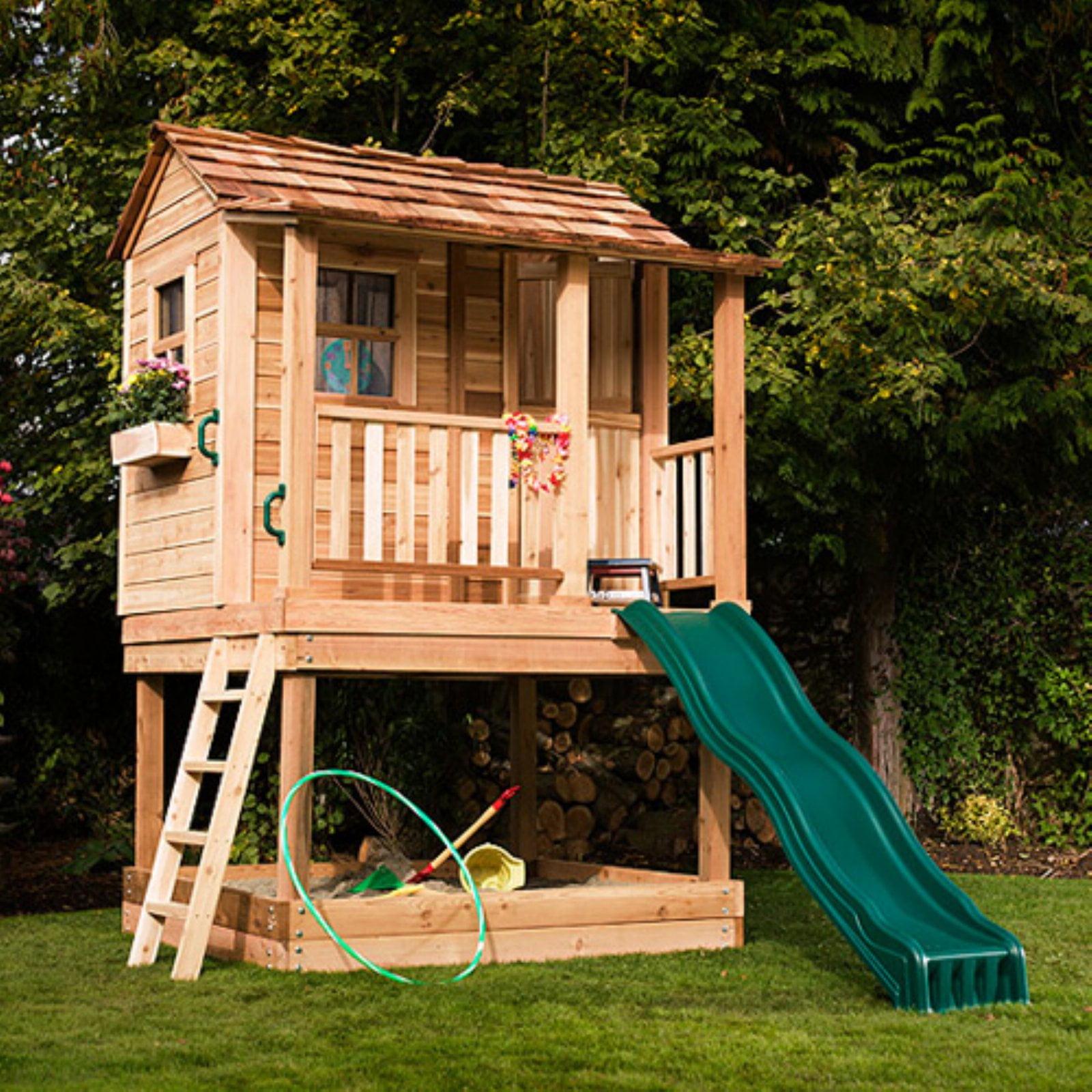 6' x 6' Cedar Outdoor Playhouse with Slide and Sandbox