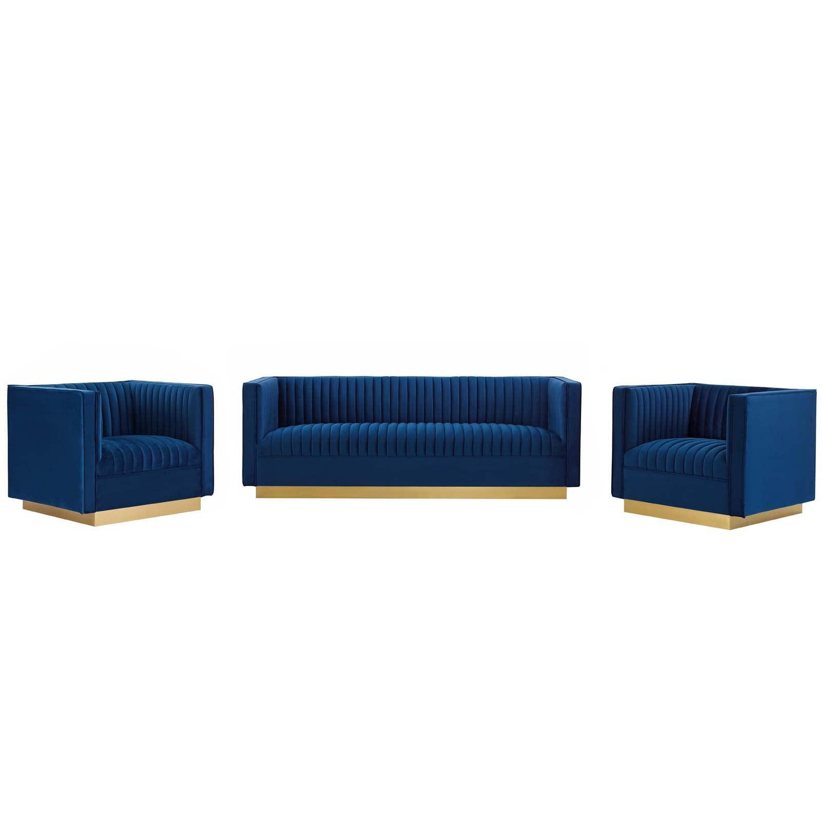 Navy Blue Velvet Tufted Sofa and Armchair Set with Gold Stainless Steel Base