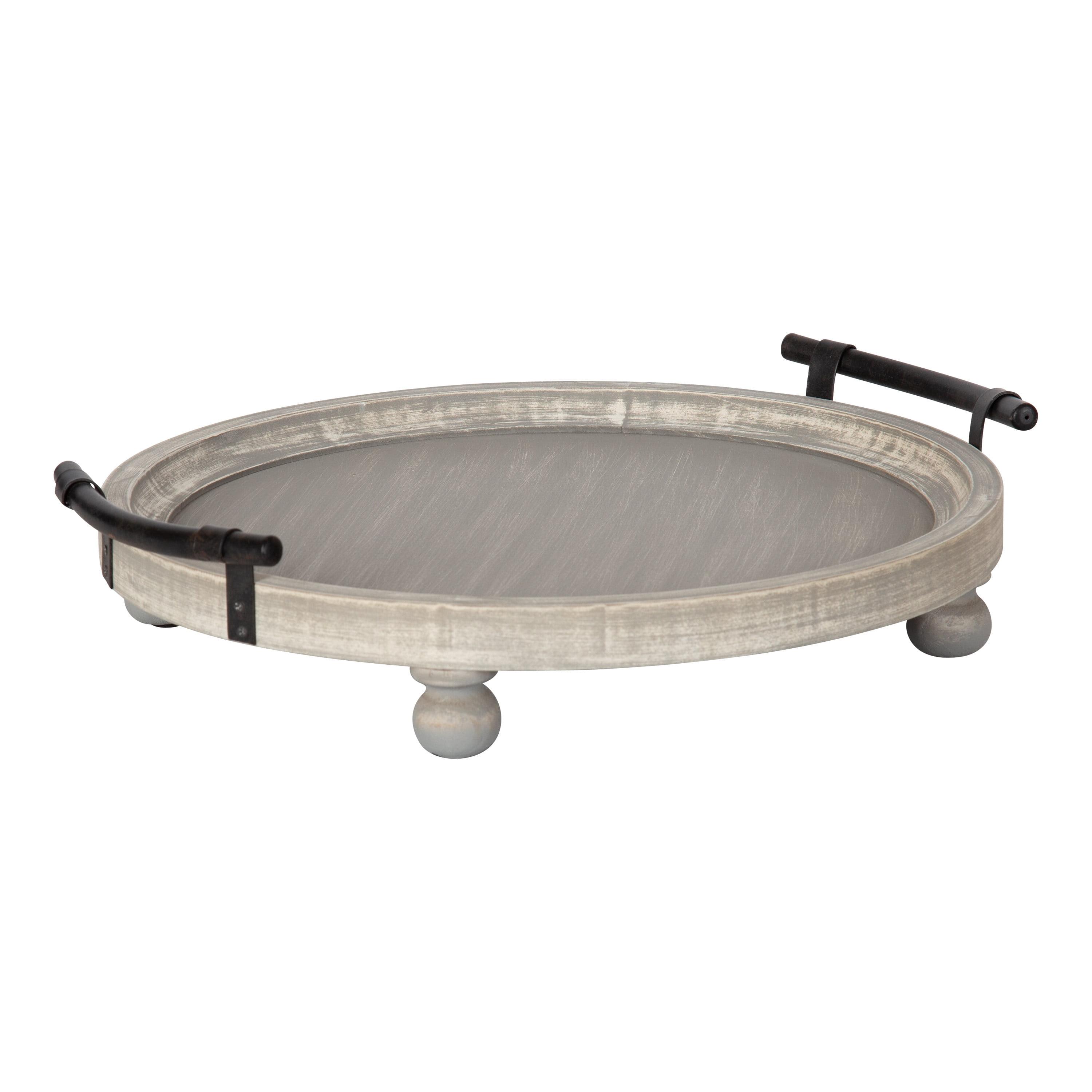 Rustic Gray Distressed Wooden Round Tray with Metal Handles