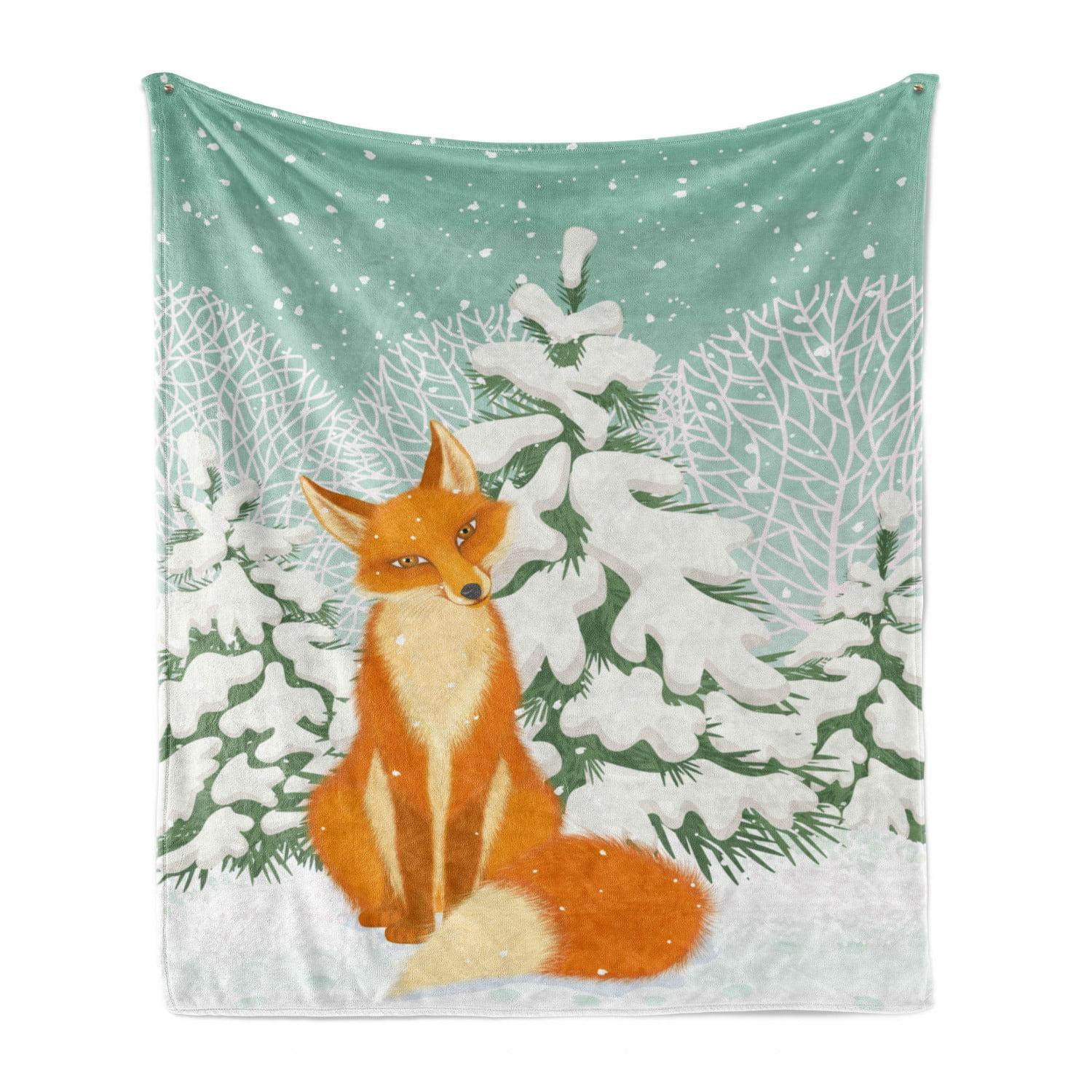 Ambesonne Fox Fleece Throw Blanket Red Fox Winter Forest Xmas Almond Green Orange