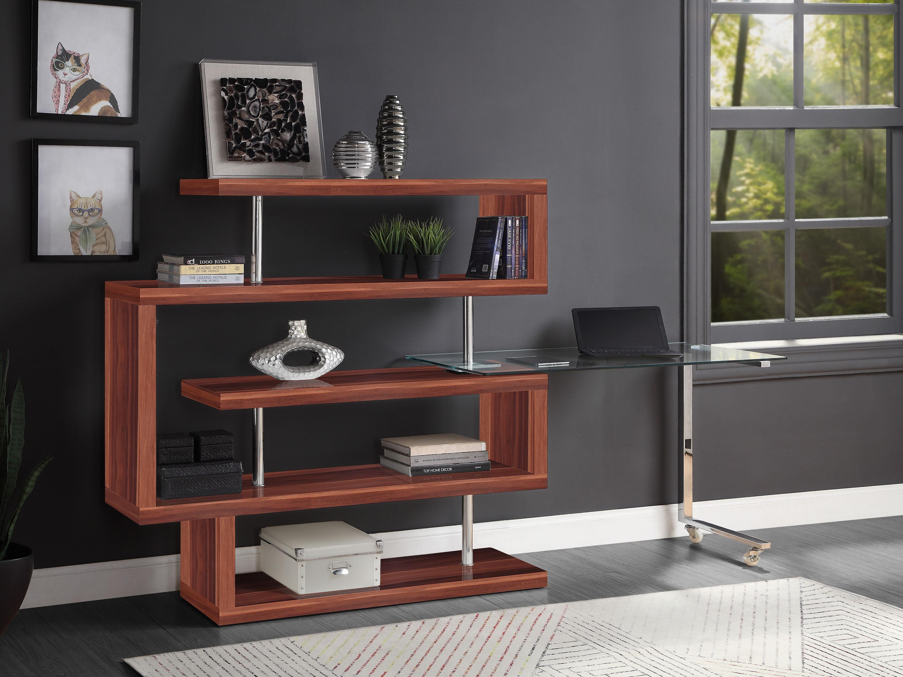 Buck II Sleek Glass Top Roll-Out Writing Desk with Walnut Shelf