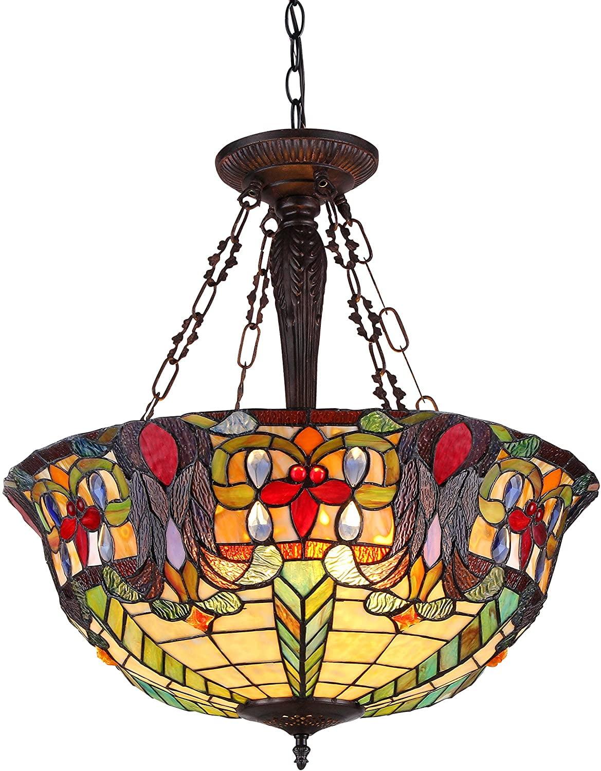 Antique Bronze Victorian Inverted Ceiling Pendant with Stained Glass Shade