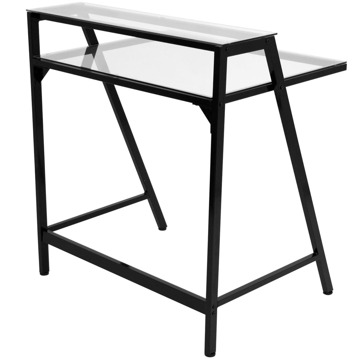 Compact Black Metal 2-Tier Desk with Tempered Glass Hutch