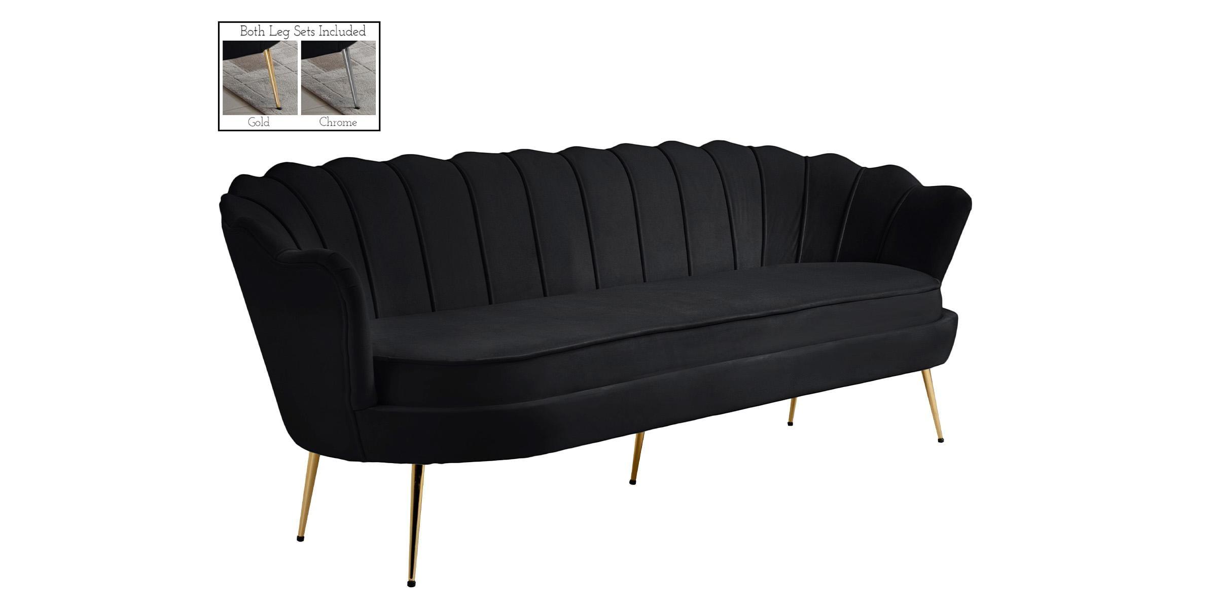 Gardenia Glamorous Black Velvet Tufted Sofa with Gold Chrome Legs