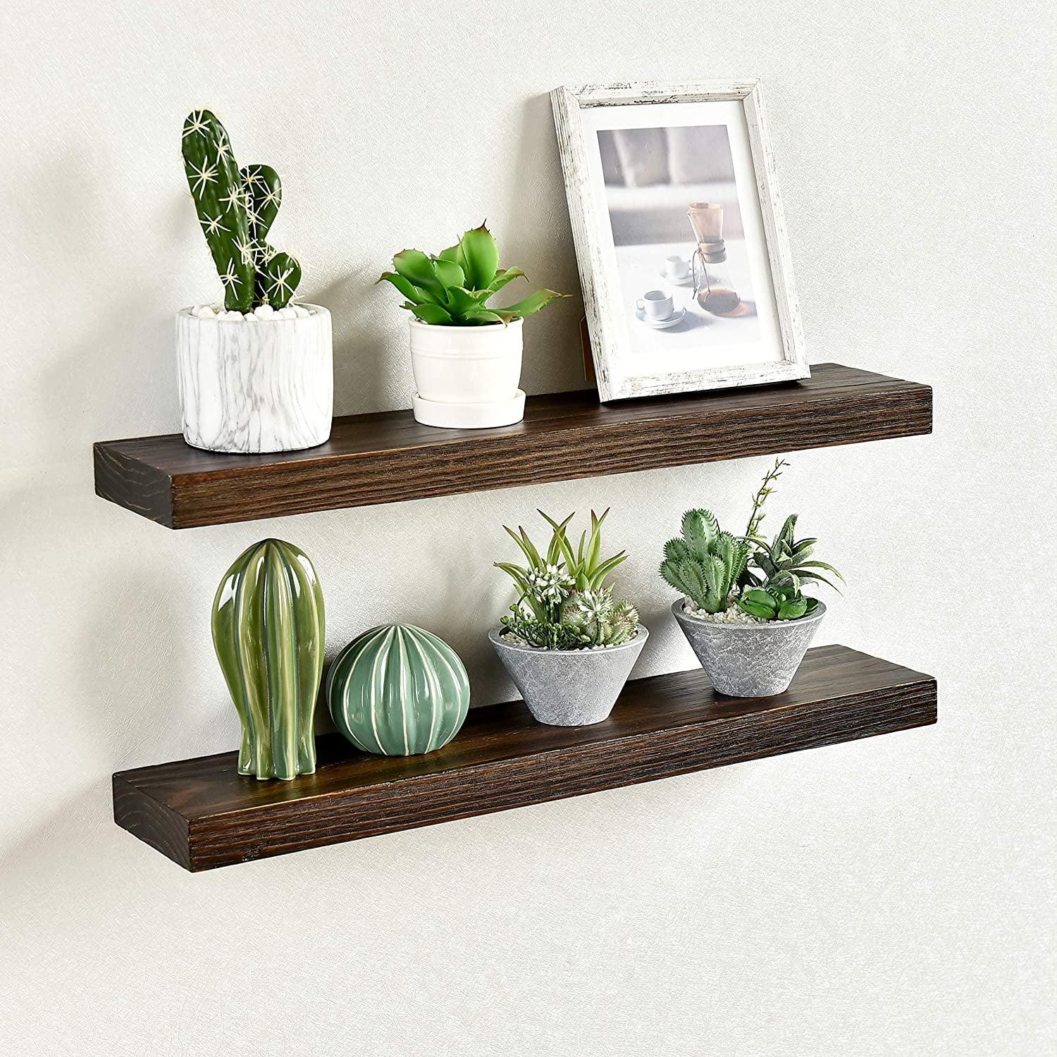 Rustic Country Pine Wood Floating Wall Shelves, Set of 2, Walnut Finish