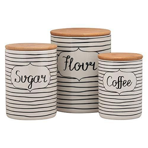 Black and White Striped Ceramic Kitchen Canister Set with Bamboo Lids, 3 Piece