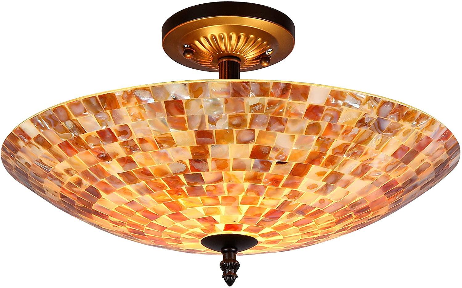 16 Inches 2 Light Mosaic Design Semi Flush Ceiling Fixture, Bronze