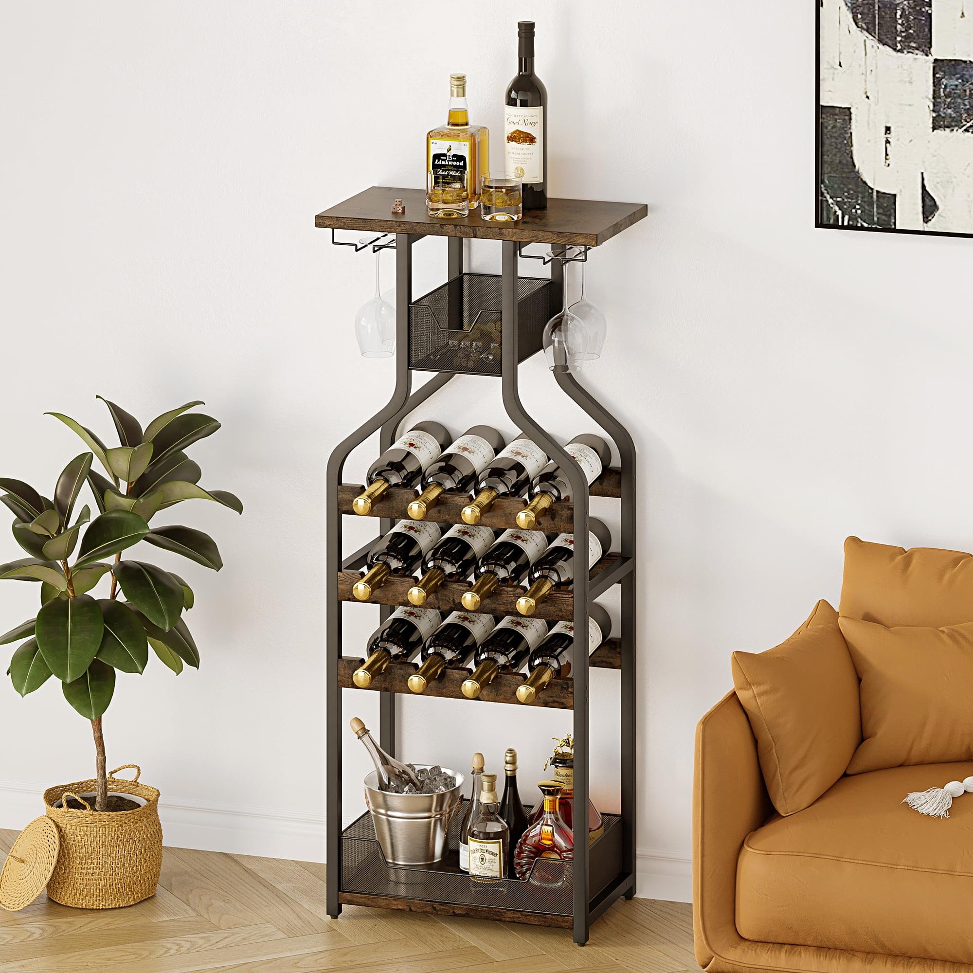 Rustic Brown Metal and MDF Freestanding Wine Rack with Glass Holder