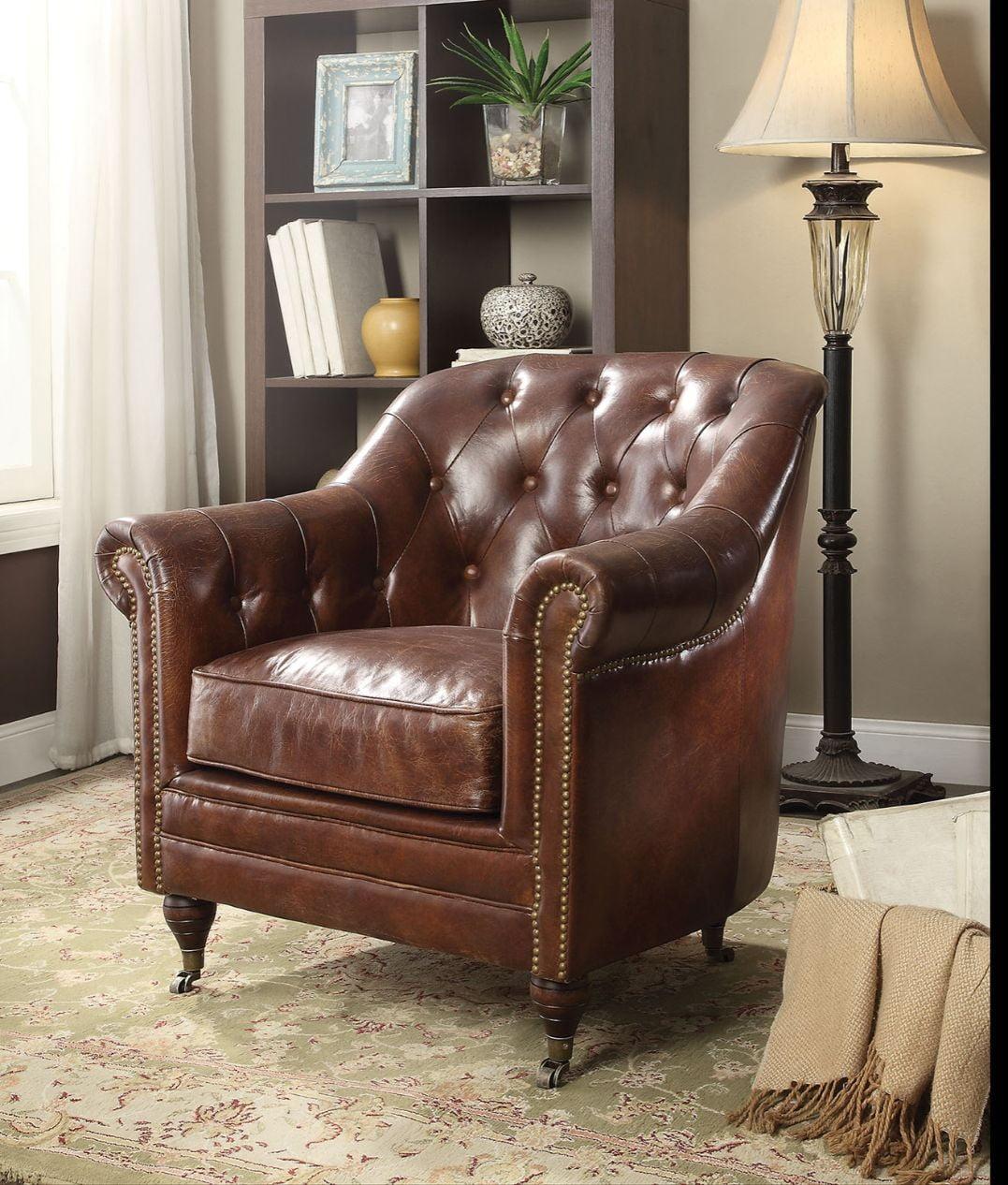 Aberdeen Vintage Dark Brown Leather Accent Chair with Wood Frame