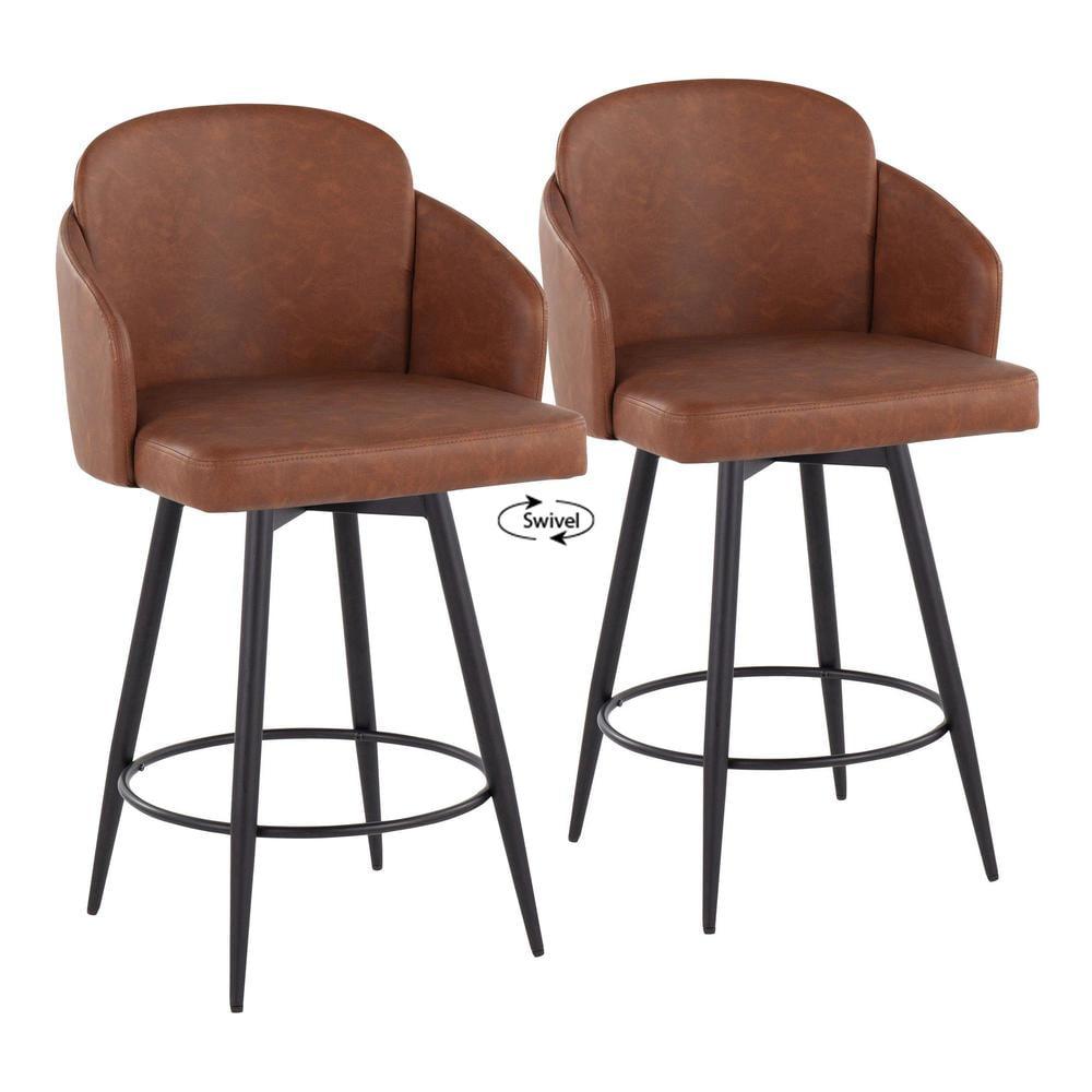 Camel and Matte Black Swivel Metal Counter Stools, Set of 2