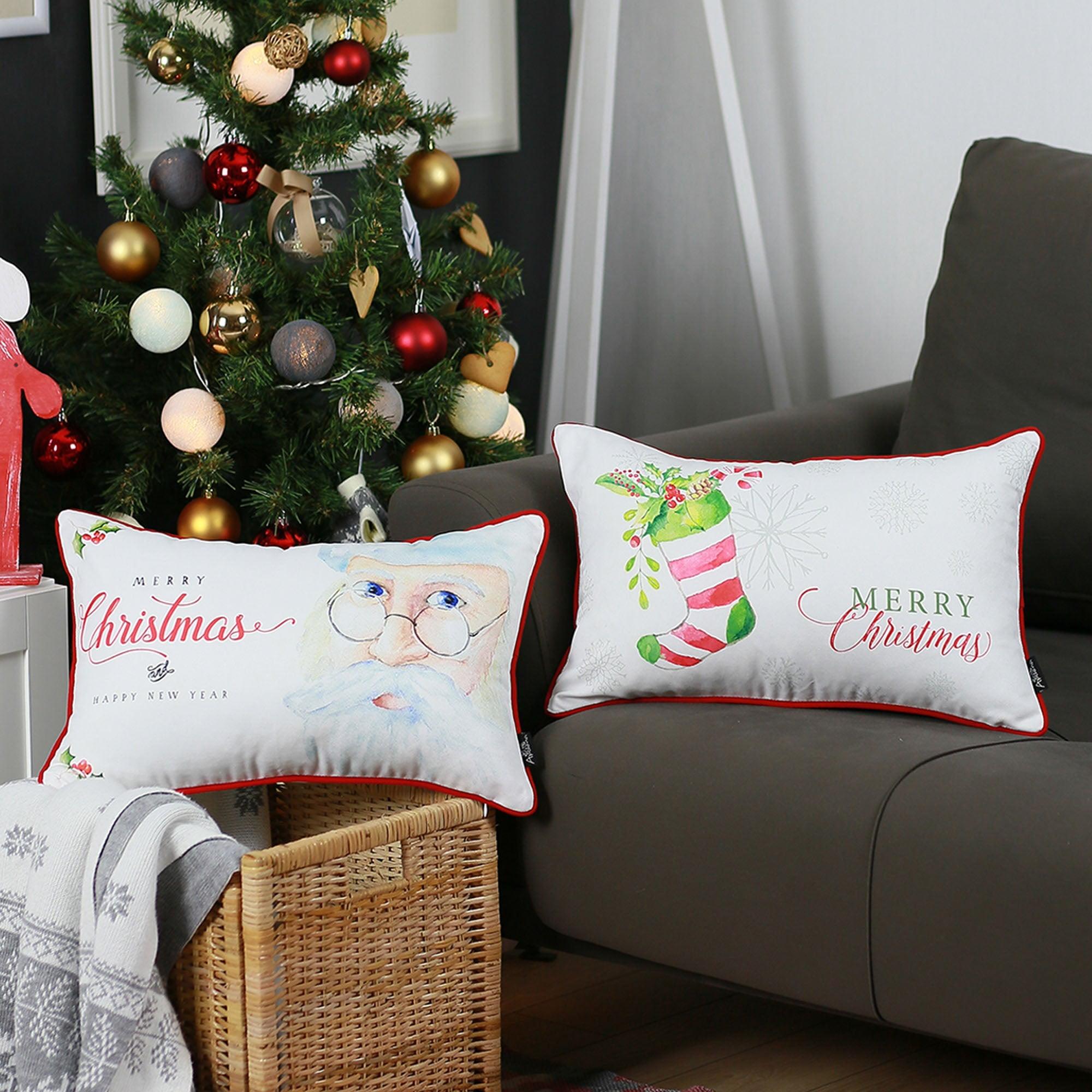 Festive White and Red Polyester Christmas Pillow Covers Set