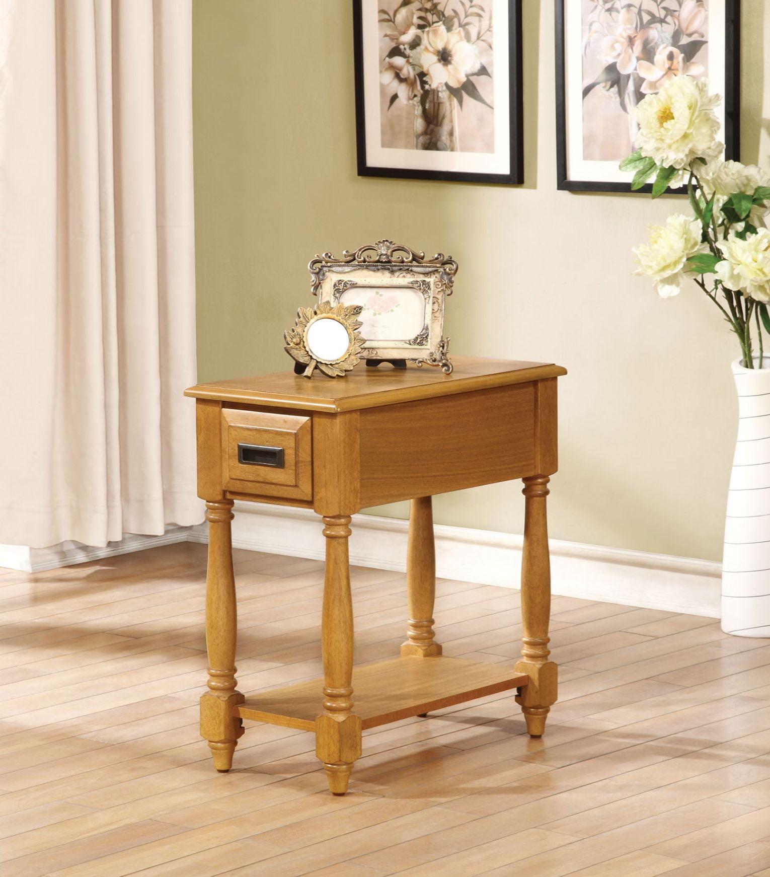 Light Oak Rectangular Wood Side Table with Storage