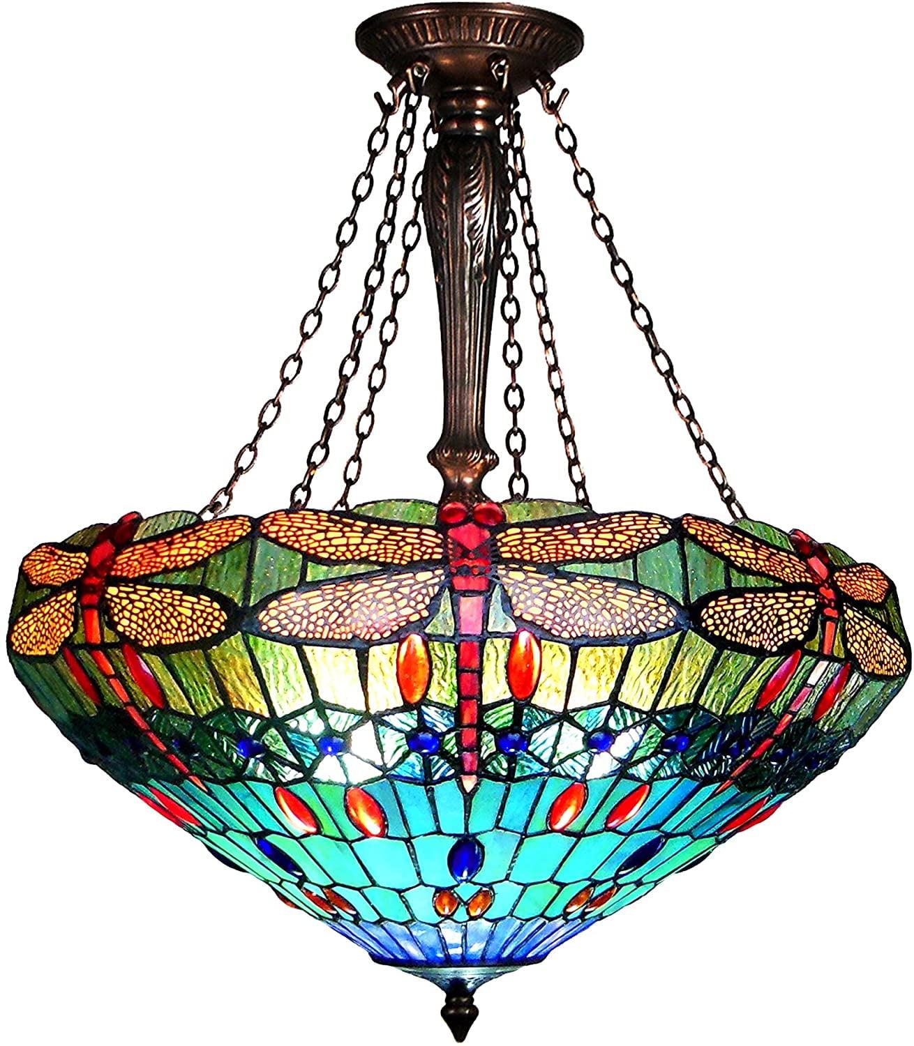 SCARLET Tiffany-style 3 Light Dragonfly Inverted Ceiling Pendant 24" Shade