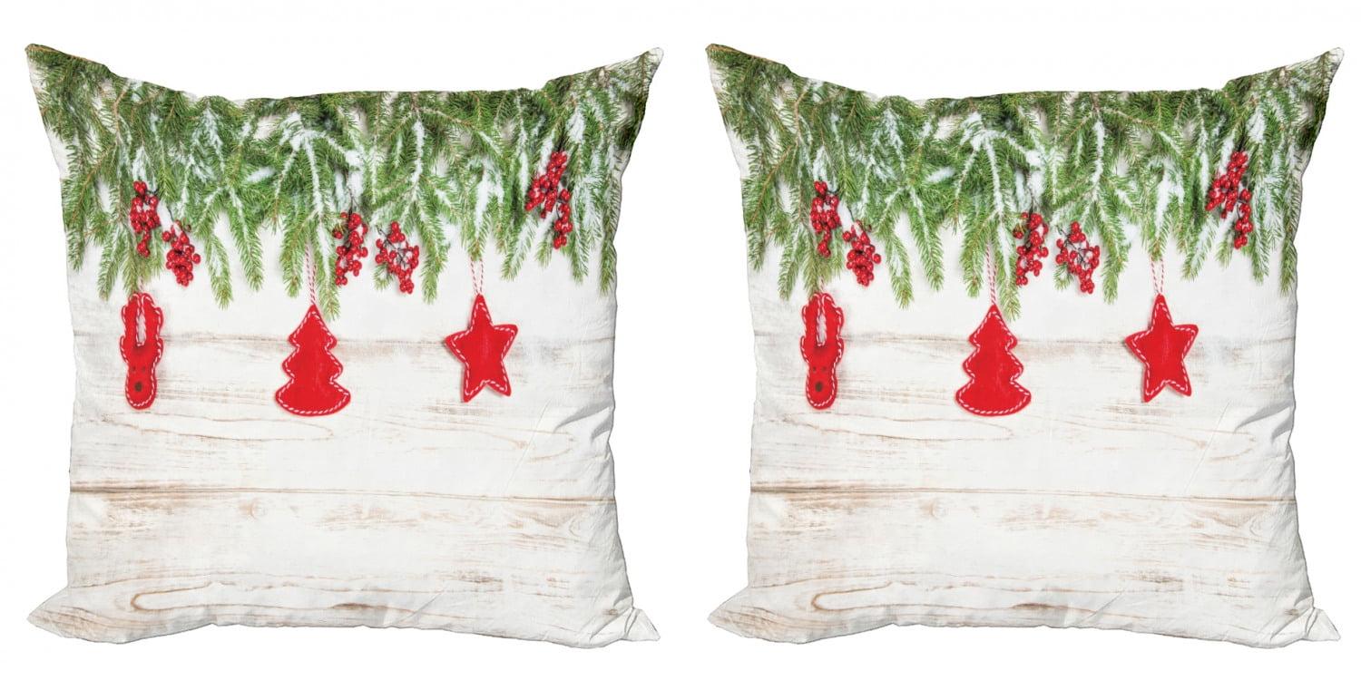 Ambesonne Christmas Pillow Sham 2 Pack Ornaments and Berries Beige and Red