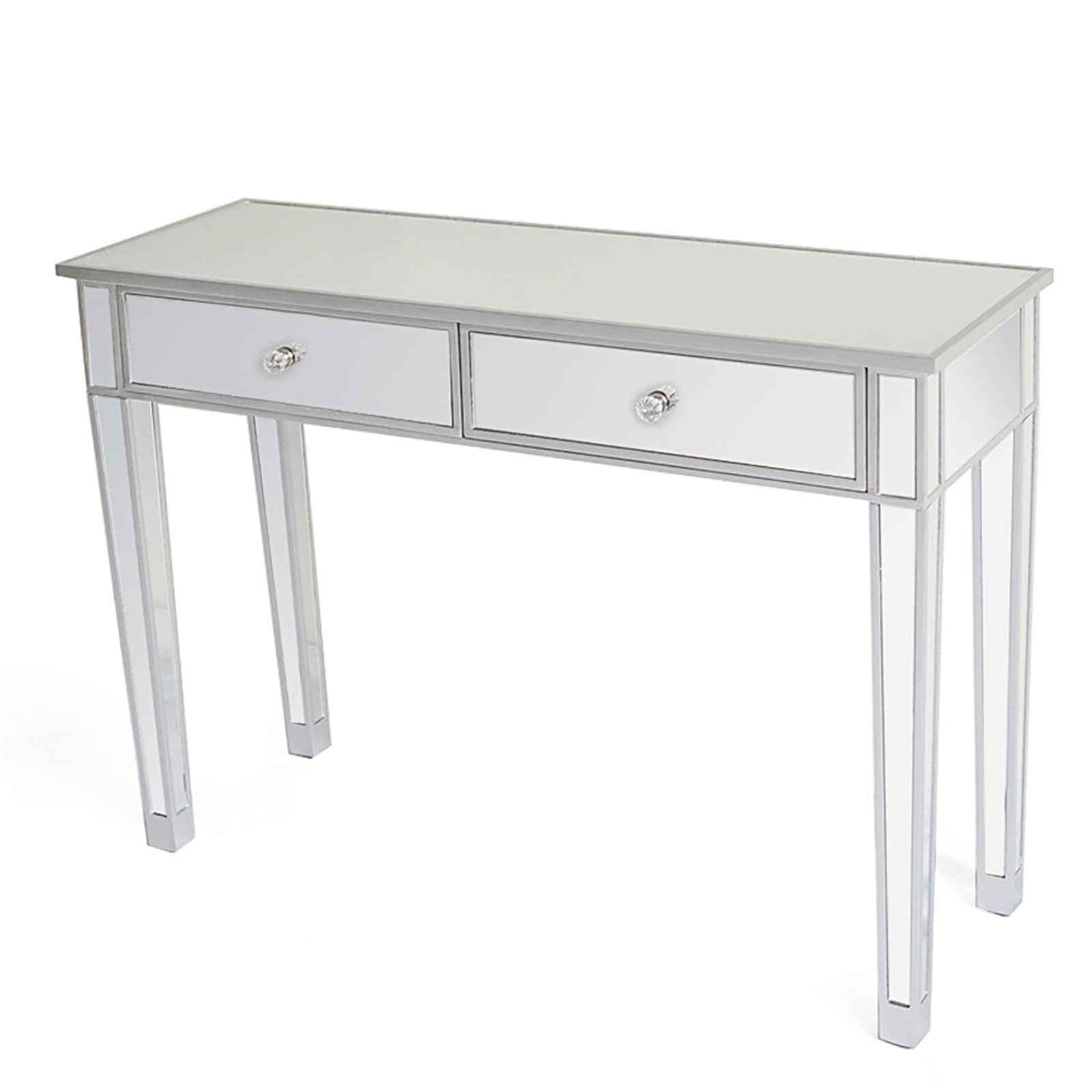 Ktaxon 2-Drawer Mirrored Vanity Makeup Table - Mirrored Console Desk Vanity Furniture Nightstand Glass Bedside Table, Silver