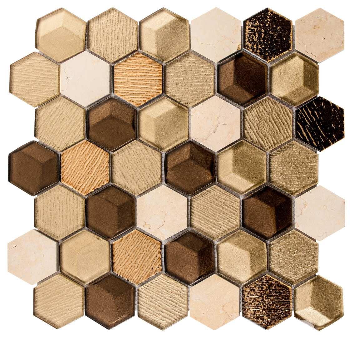 Xen 2" Honeycomb Hexagon Pattern Glass and Stone Mosaic Kitchen Backsplash, Bathroom, Shower, Pool, Wall and Floor Tile