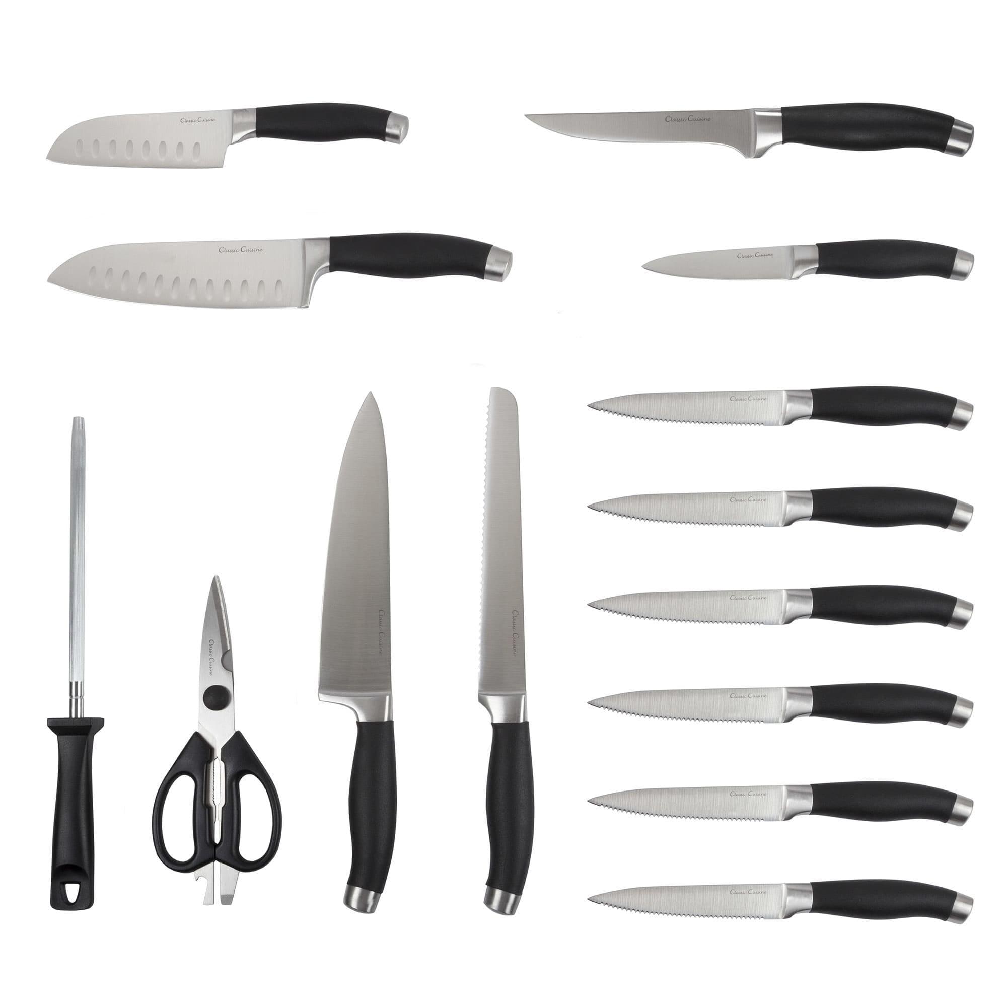 Professional 15-Piece Knife Set with Block - Stainless-Steel Cutlery with Chef, Bread, Santoku, Filet, Paring, and Steak Knives