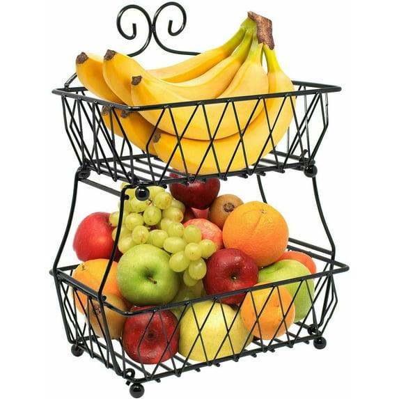 2-Tier Fruit Bread Basket Display Stand, Counter Storage for Kitchen, Bathroom, Rectangular Antique Metal