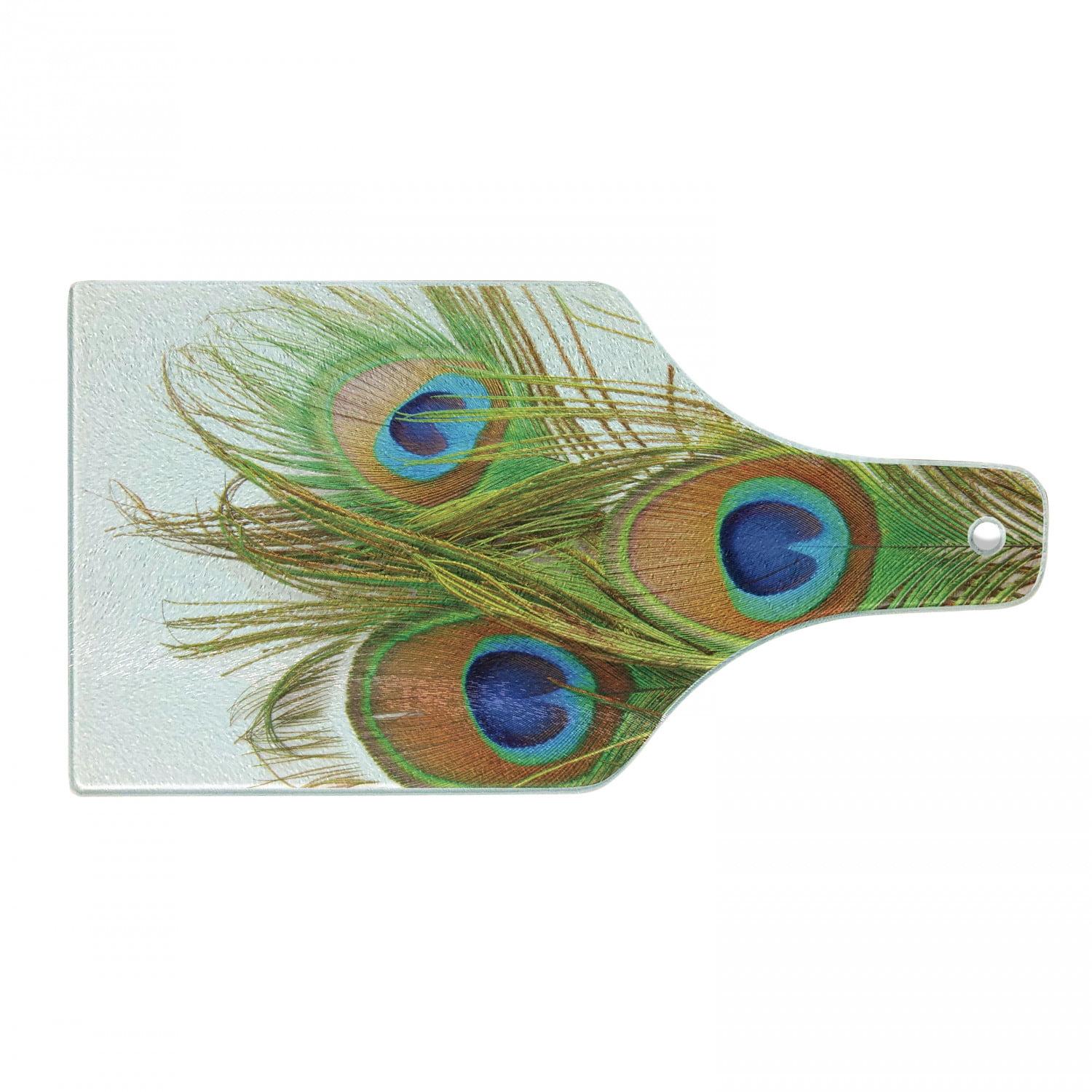 Ambesonne Spring Tempered Glass Cutting Board Modern Peacock Feathers Blue Green Pale Brown