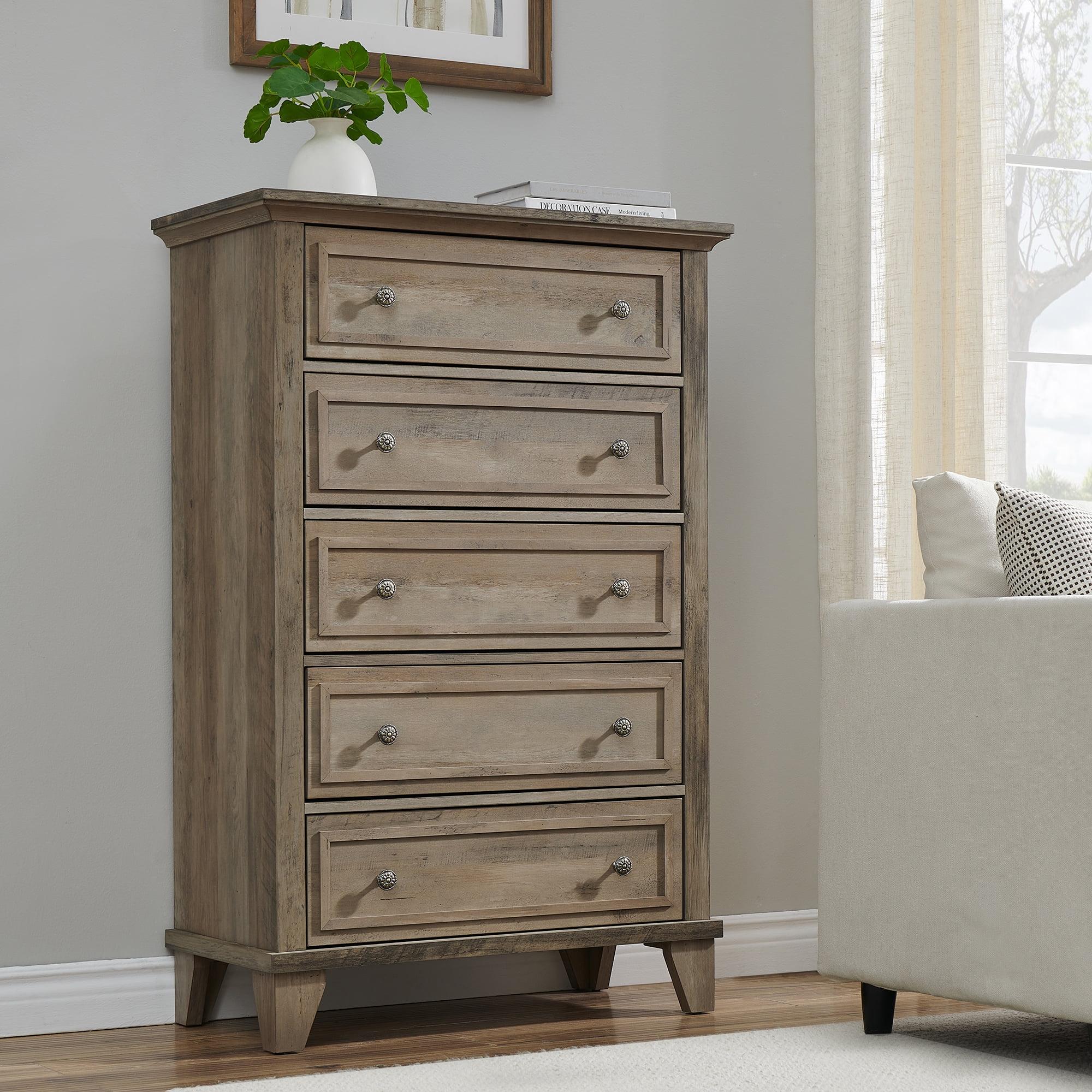 Gray Farmhouse 5-Drawer Tall Wood Dresser with Silver Handles