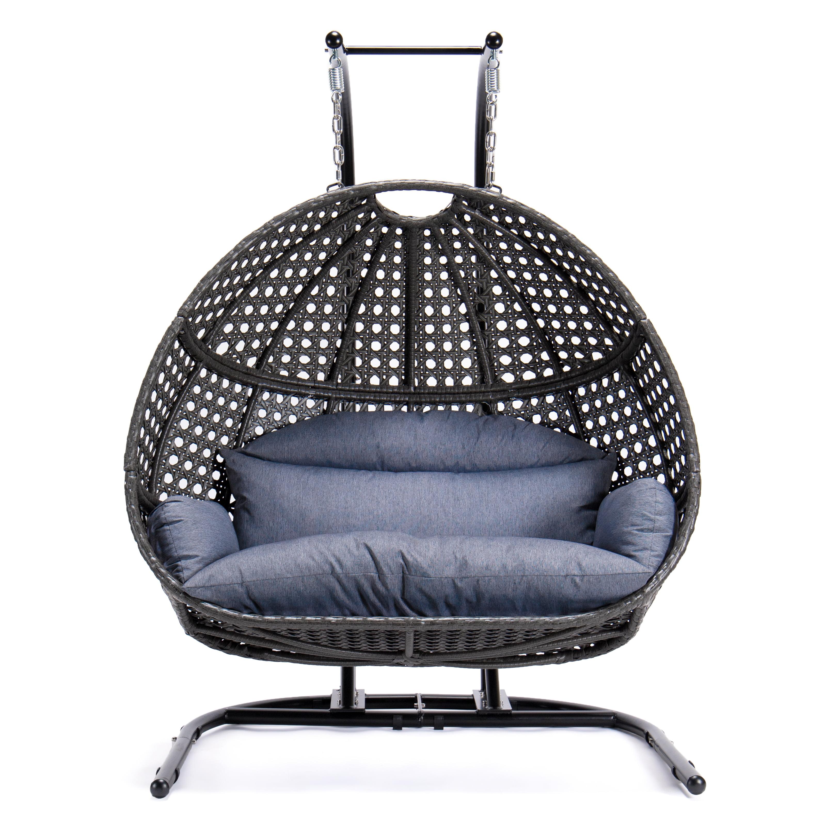 Black Wicker Double-Seat Swing Chair with Stand and Cushions