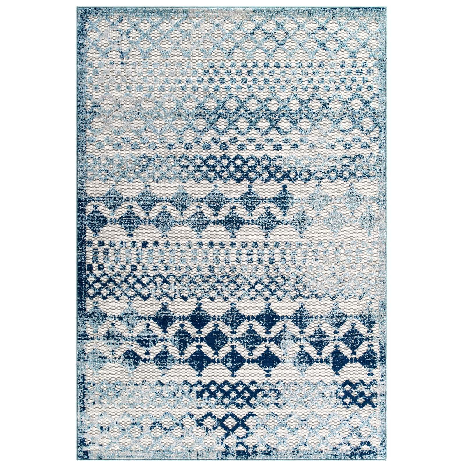 Ivory and Blue Distressed Moroccan Trellis 5'x8' Synthetic Area Rug