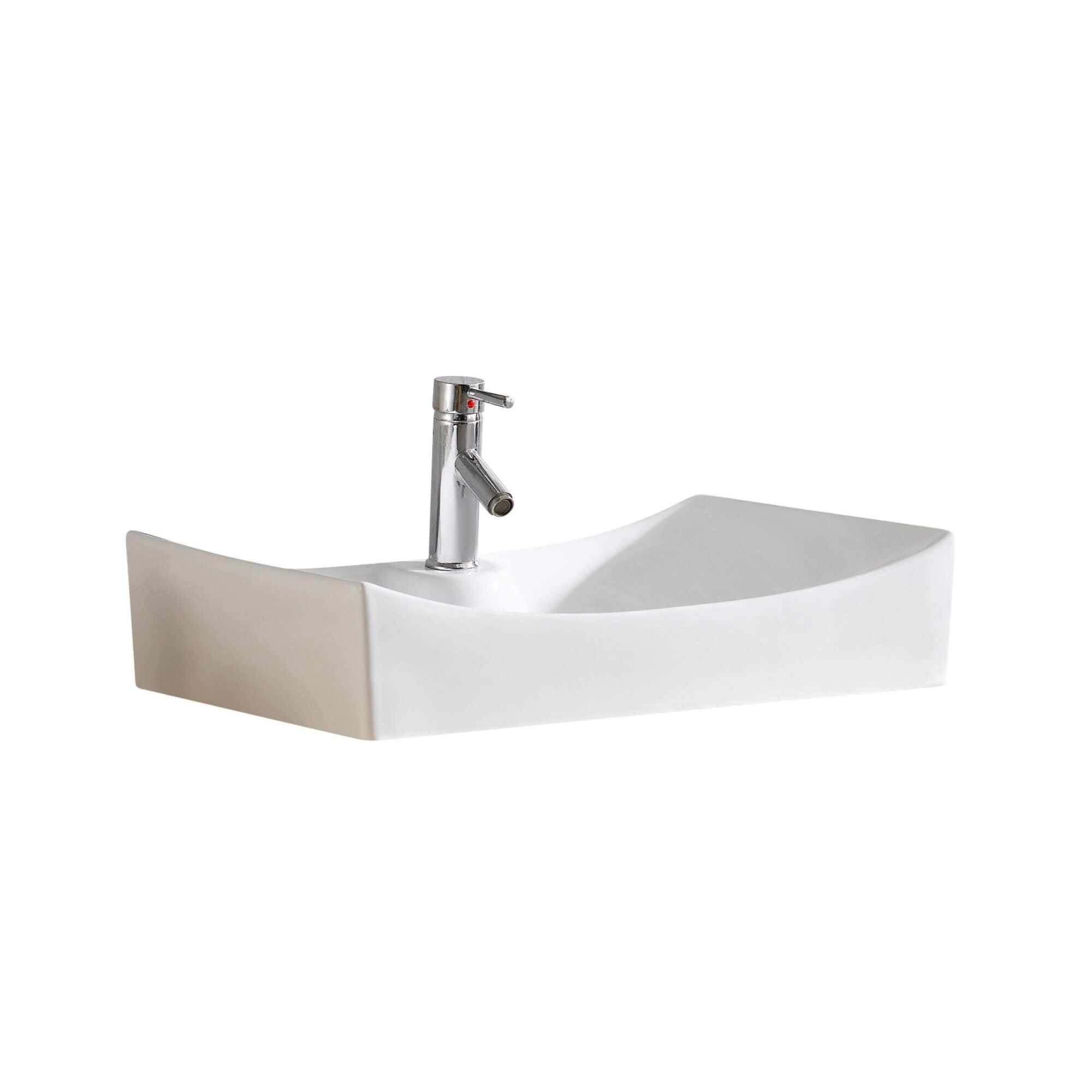 White Ceramic Rectangular Vessel Sink with Faucet Hole