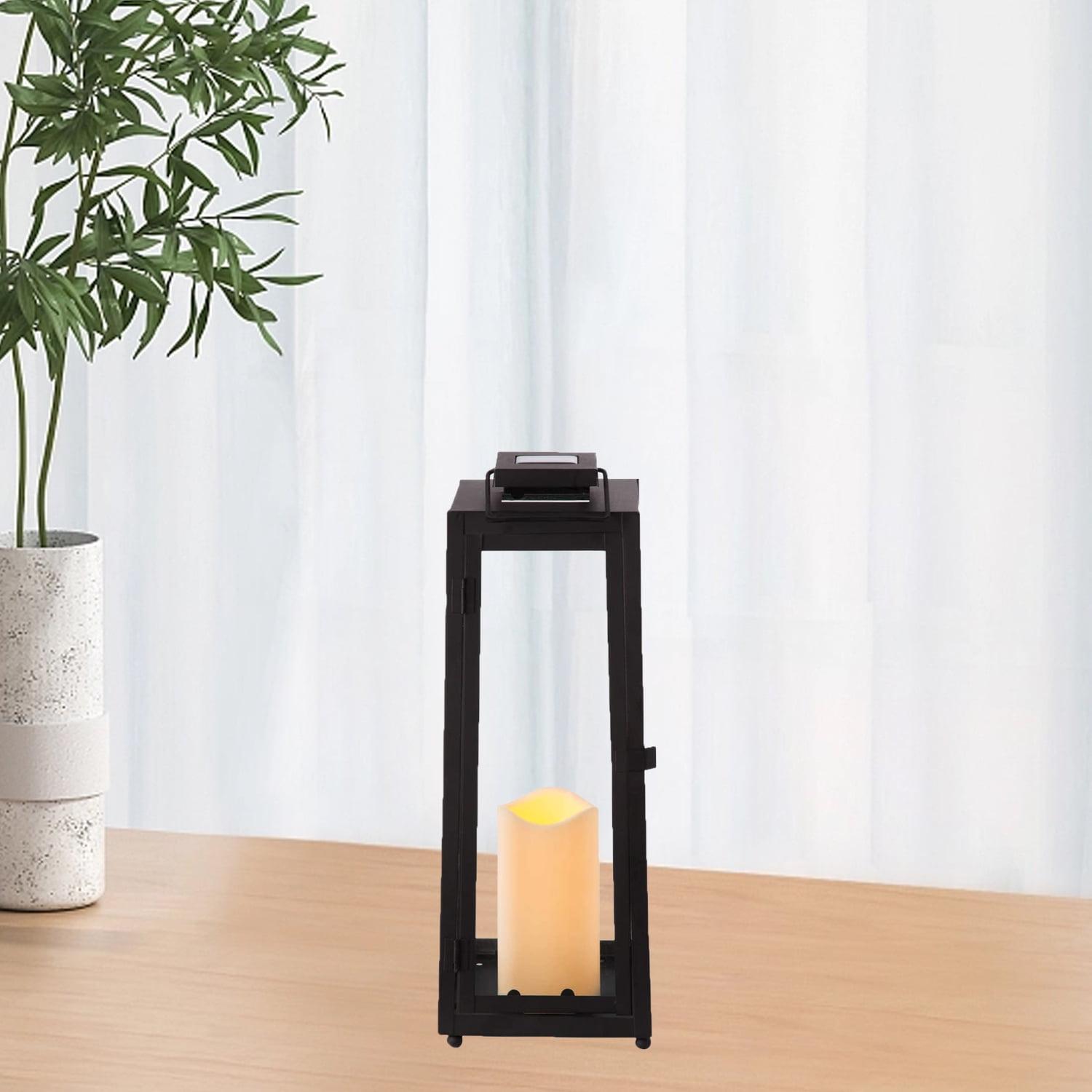 15-Inch Black Metal and Glass Solar Candle Lantern