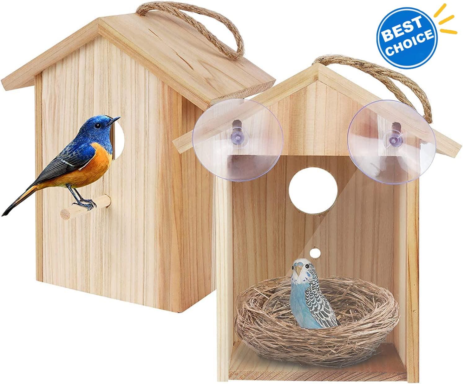 Window Bird House with Strong Suction Cup and Lanyard for Outside - See Through Upgraded Wooden Birdhouse Outdoors,Bird Nest Transparent Design for Easy Observation,Best Gift for Kids