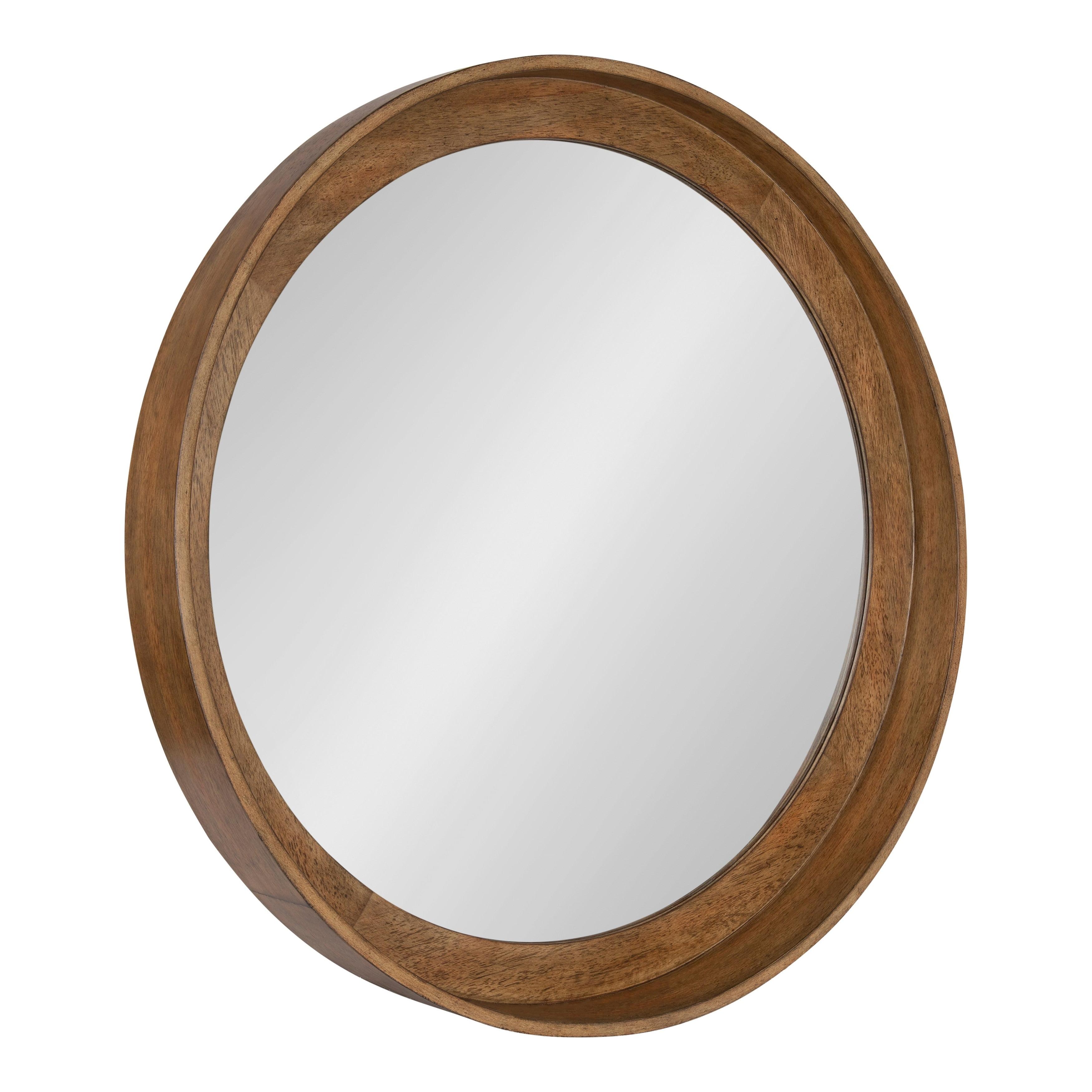 Walnut Round Wood Wall Mirror with Shelf 30"