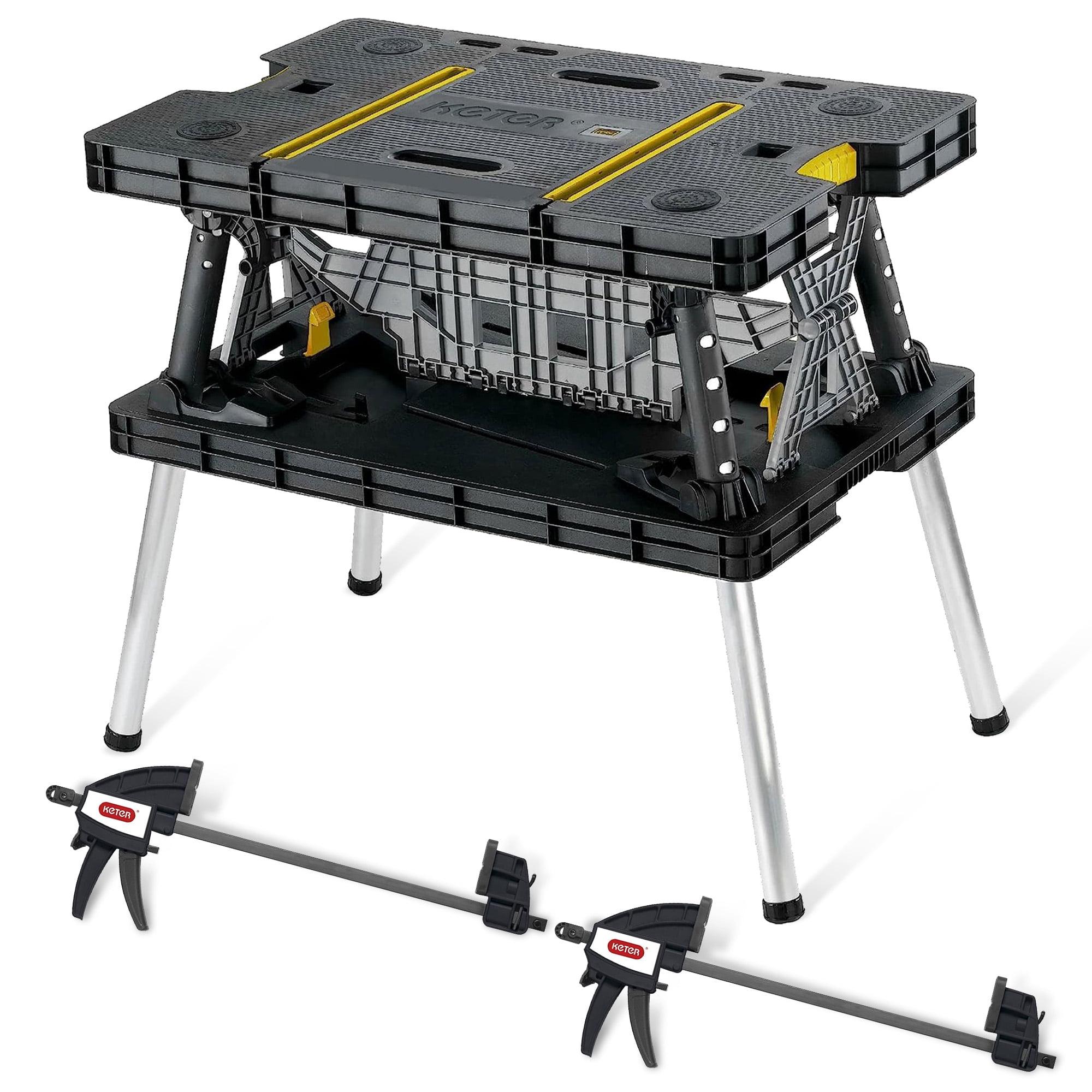 Keter Folding Portable Workbench Sawhorse with (2) 12" Clamps, Black and Yellow